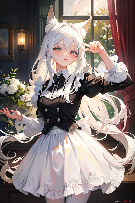 Masterpiece, Best quality, 1girll, White hair, Long hair, Fox ears, Open eyes, view the viewer, :3, Large, Exposed maid outfit, ...