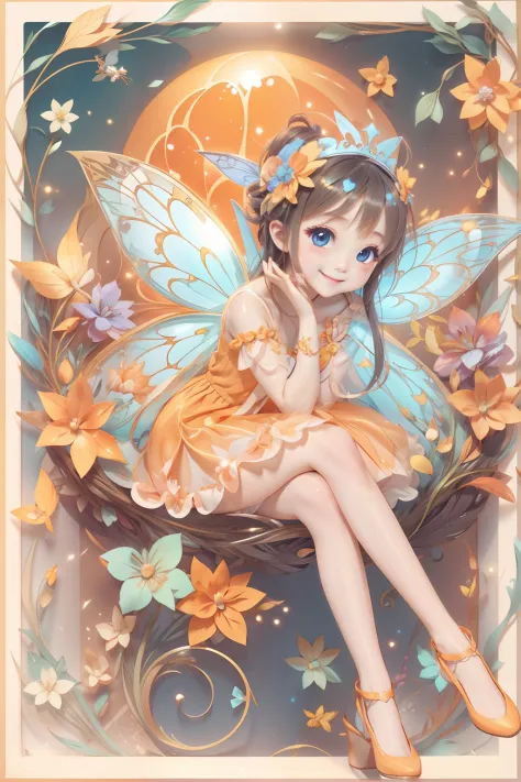 Cute fairy with a sense of transparency、Bright smile、Have fun playing、Beautiful background、Bright background、Orange background