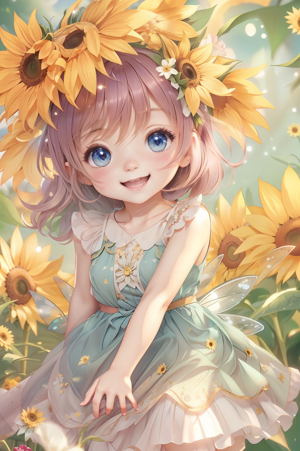 Cute fairy with a sense of transparency、Bright smile、Have fun playing、Beautiful background、Bright background、Sunflower background