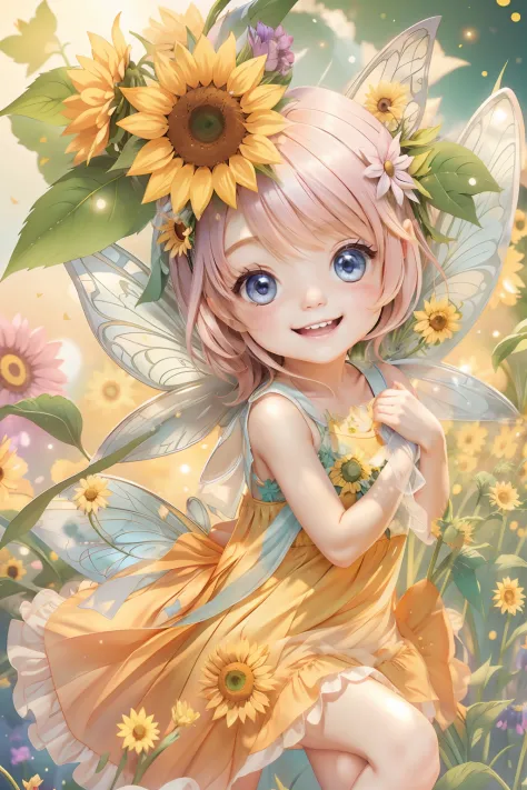 cute fairy with a sense of transparency、bright smile、have fun playing、beautiful background、bright background、sunflower backgroun...