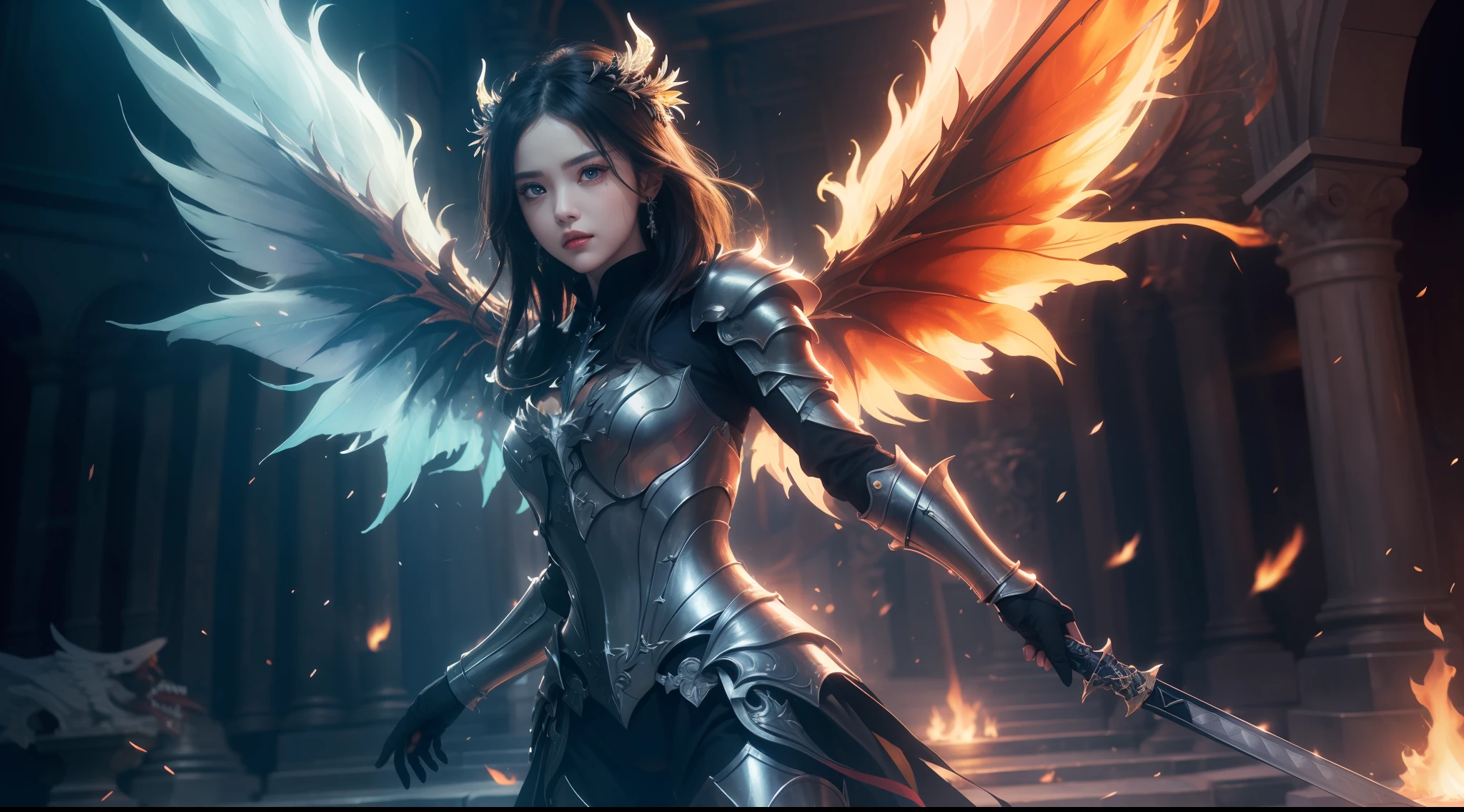 (Extremely detailed Cg Unity 8K wallpaper,Masterpiece, Best quality, Ultra-detailed, Beautiful detailed eyes:1.2),Best illumination, (Best shadow, An extremely delicate and beautiful, full bloom),
1girll,Solo,Large breasts，Heavy armor,Long hair,holdingsword,Black wings,(Big wings:1.4),Film filter,satan, Hellfire,full bodyesbian,demon,Flame,chies，dramatics，dynamicposes，illusory engine， (High detail: 1.9)