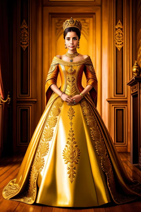 "a queen in a splendid golden dress, suntuosa biblioteca barroca com teto ricamente pintado."