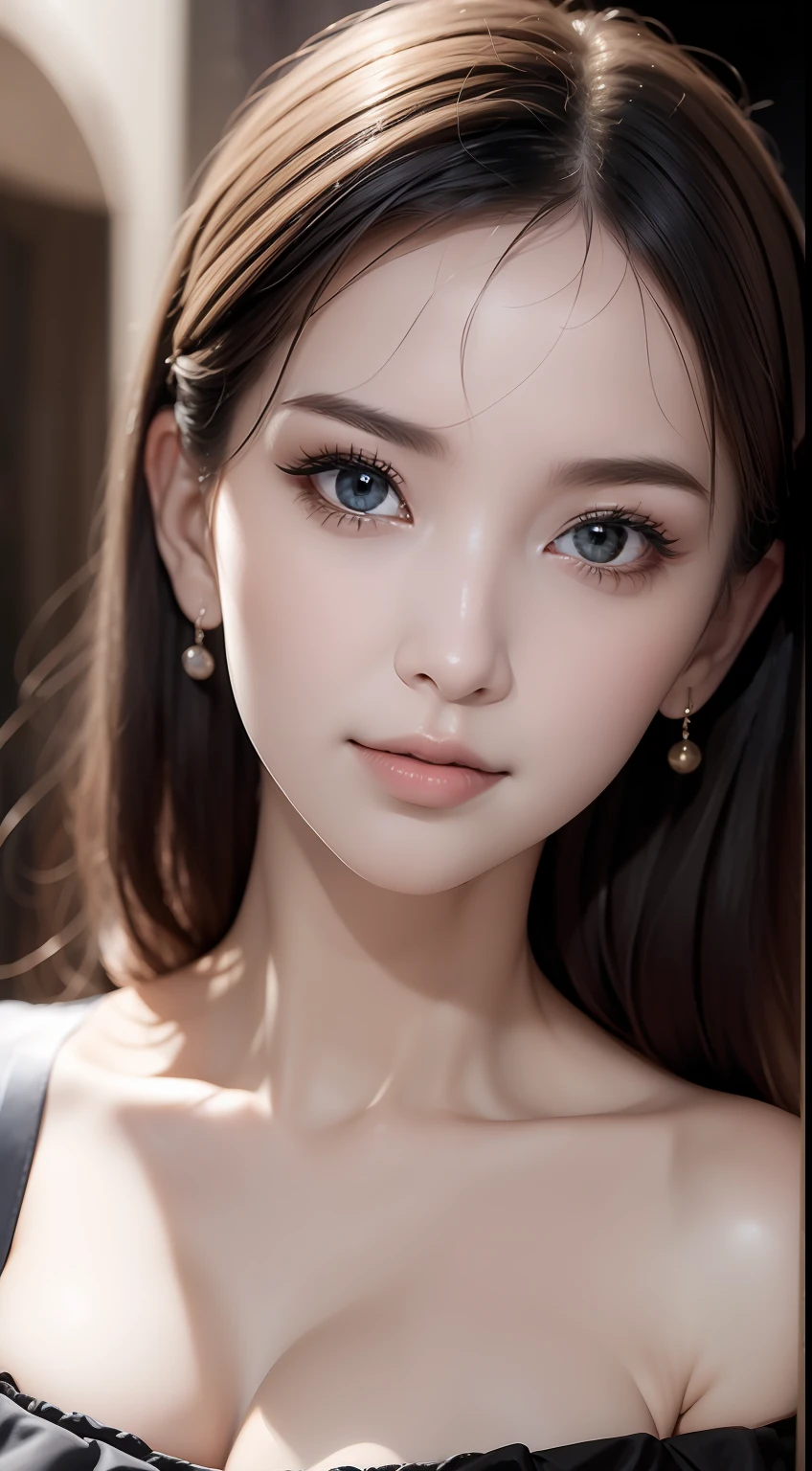 (masterpiece:1.2), (best quality), (ultra detailed), (8k,intricate), (lens 135mm,f1.8),(photorealistic)(black background:1.3),
portrait photography,(upper body:1.3),(off-shoulder),
side lighting,Rim lighting,best shadow,face light source,
perfect anatomy,	perfect face,perfect female body,first-rate female bodies,
Detailed skin texture, detailed cloth texture, detailed beautiful face,exquisitely detailed skin,highly detailed skin,pale skin,detailed hair,glistening skin,