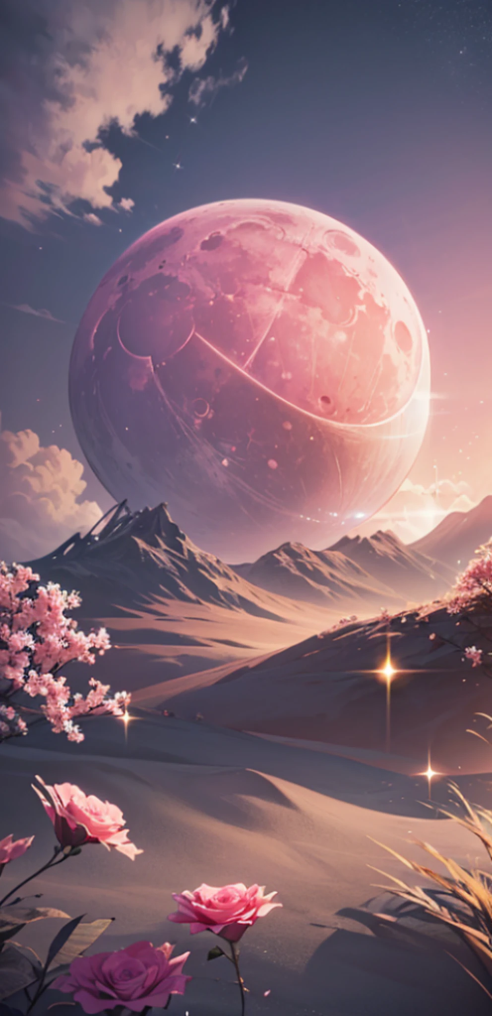 Pink moon, pink sky, pastel pink clouds, pink waves sparkling, sparkling, pink roses on pink ocean, fantasy, soft lighting, ultra hd, realism, cinematic effects, lens flare, aperture 16