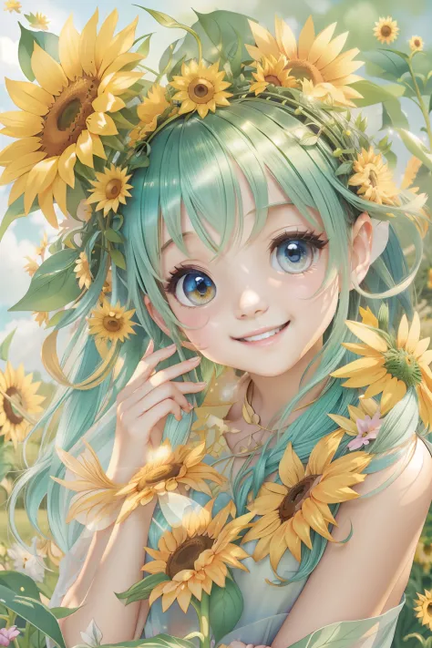 Cute fairy with a sense of transparency、Bright smile、Have fun playing、Beautiful background、Bright background、Sunflower backgroun...