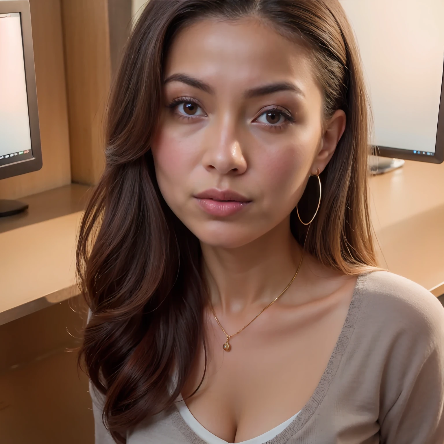 Portrait of a woman,  close - up portrait shot, closeup shot of face, full face portrait: Resembling Gina Valentina, small bust, wearing modern casual office attire, in a professional TV studio setting.