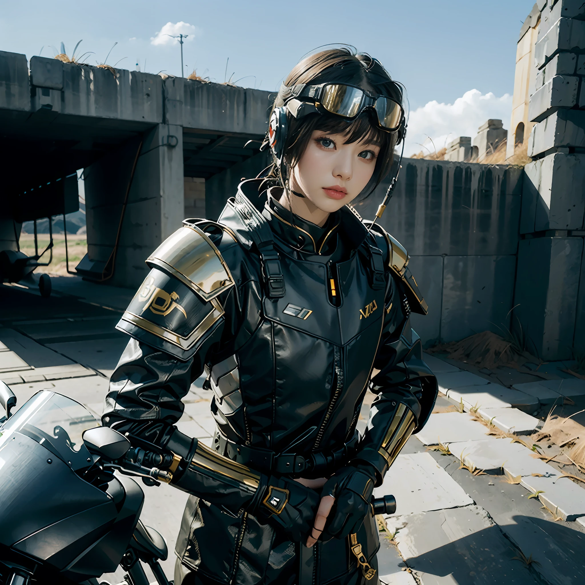 in a panoramic view，photorealestic，cyber punk style，Blue sky, Fly a sci-fi plane，Modern Great Wall defense base，3girl，Wear black Chinese clothing，Dressed in gorgeous gold Chinese high-tech armor，Wearing a gold high-tech helmet，Black high-tech mask，High-tech goggles，High-tech motorcycle，High-tech combat vehicles，holding sabre，Carry a sci-fi rifle，Stand in front of the Great Wall，Sharp eyes，professinal，Meistwick，commissioned，best qualtiy，color corrected，After fixation，Retouching，Improvement，Epic，Tone-mapping，the detail， highly  detailed， digitial painting， art  stations， Conceptual map of the long dam， Smoothness， Sharp focus， Beautiful illustration， photore， The light from the back window is backlighted， 动态照明， Mist， 复杂， cinematic grain， professinal， face to the viewer，（Beautiful m3d_woman， Perfect M3D_face,）， Volumetriclighting， subsurfacescattering， Good highlights， Good shadows， cinematic ligh