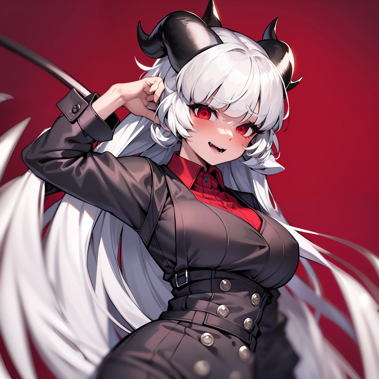 malina(helltaker), large breasts, black horns, white hair, shirt, short hair, blush, black skirt, demon horns, demon girl, solo, demon tail, looking at viewer, red shirt, 1girl, red background, hand on own head, waistcoat, vest, skirt, red eyes, black vest, black tail, simple background, horns, tail