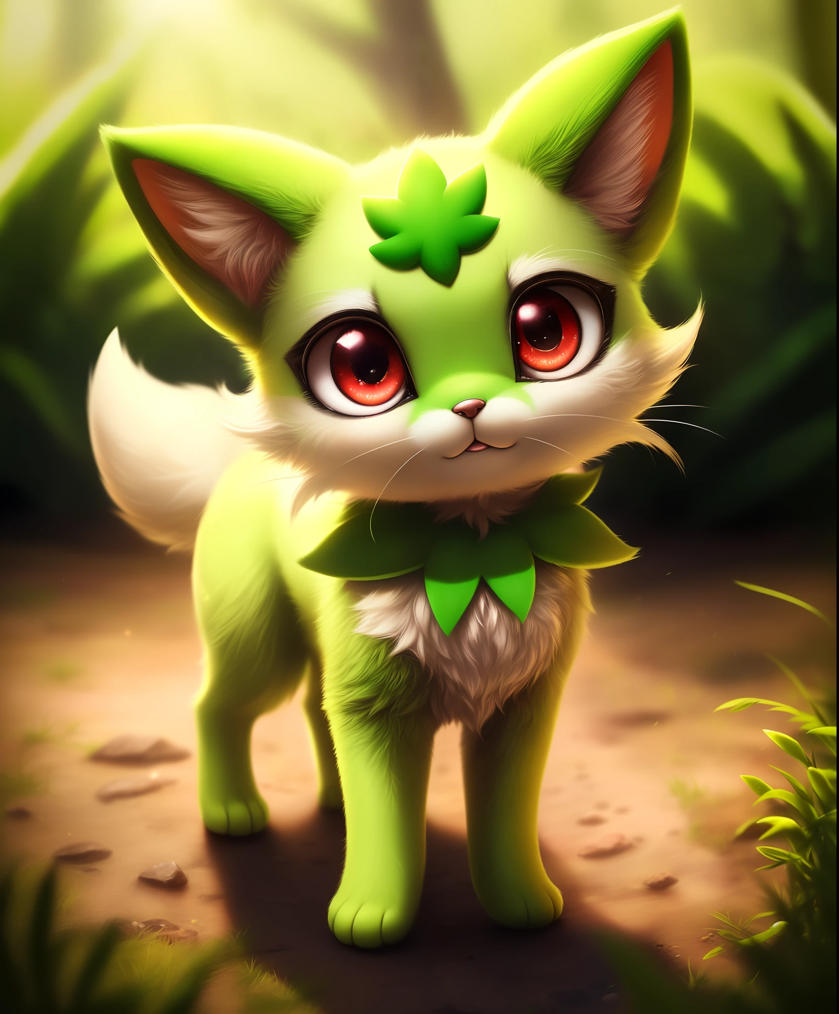 uploaded on e621, ((by Silverfox5213)), solo (quadruped feral:1.4), ((Sprigatito with green body and red eyes, check tuft)), (detailed Sprigatito), ((detailed fluffy fur)), (full-length portrait, looking at viewer), (grass), BREAK, (detailed background, depth of field, half body shadow, sunlight, ambient light on the body), (masterpiece, best quality, ultra realistic, 4k, 2k, (intricate:0.9), (high detail:1.4), film photography, (soft focus:1.2), RAW photo, photorealistic, analog style, subsurface scattering, photorealism, absurd res)