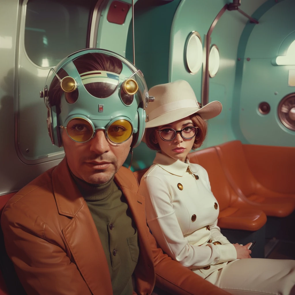 4k image from a 1960s science fiction film by Wes Anderson, Filme O Grande Hotel Budapeste, pastels colors, Young people wearing retrofuturistic alien glasses and holding colorful suitcases and chests on the bus, Retro-futuristic fashion clothes from the 60s with old robots, Luz Natural, Psicodelia, futurista estranho, retro-futurista, photo-realistic, Sharp background details.