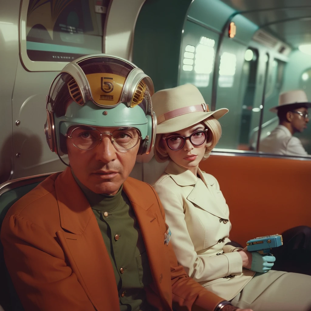 4k-Bild aus einem Science-Fiction-Film von Wes Anderson aus den 1960er Jahren, Filme O Grande Hotel Budapeste, Pastellfarben, Junge Leute mit retrofuturistischen Alien-Brillen und bunten Koffern und Truhen im Bus, Retro-futuristische Modekleidung aus den 60er Jahren mit alten Robotern, Natürliches Licht, Psychedelisch, seltsam futuristisch, retro-futuristisch, fotorealistisch, Scharfe Hintergrunddetails.