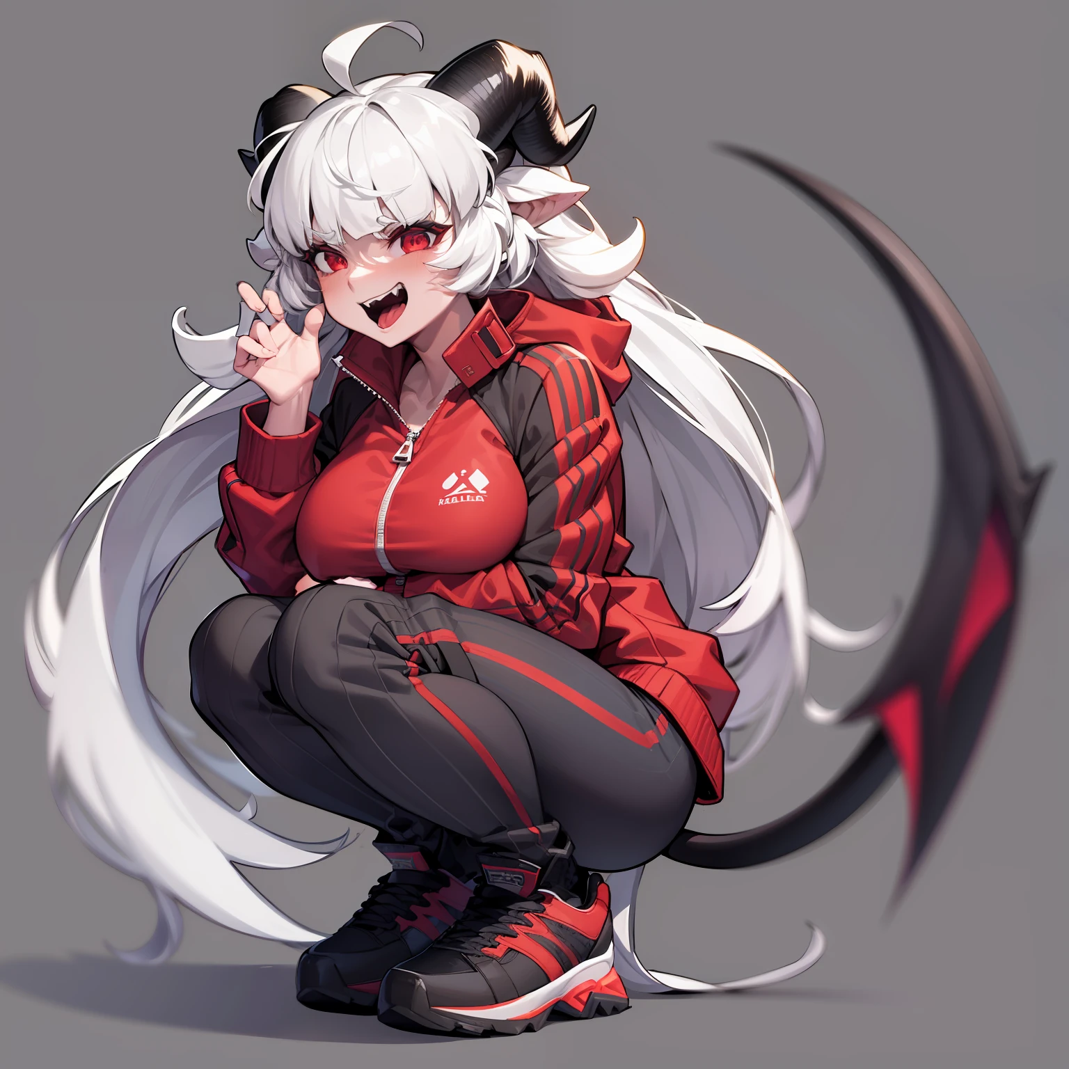 malina(helltaker), large breasts, pants, teeth, black horns, white hair, grey background, black footwear, jacket, short hair, squatting, track jacket, demon horns, demon girl, open mouth, solo, demon tail, looking at viewer, 1girl, red jacket, sneakers, red eyes, ahoge, shoes, simple background, horns, tail