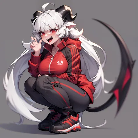 malina(helltaker), large breasts, pants, teeth, black horns, white hair, grey background, black footwear, jacket, short hair, sq...