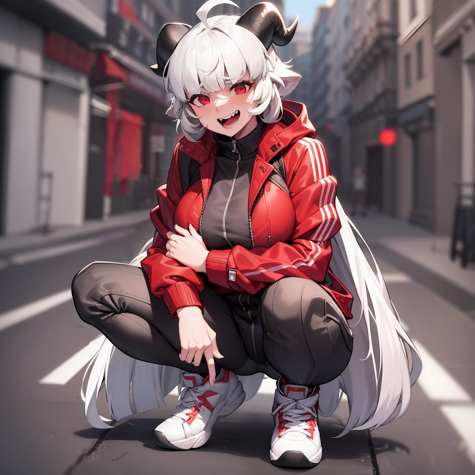 malina(helltaker), large breasts, pants, teeth, black horns, white hair, grey background, black footwear, jacket, short hair, squatting, track jacket, demon horns, demon girl, open mouth, solo, demon tail, looking at viewer, 1girl, red jacket, sneakers, red eyes, ahoge, shoes, simple background, horns, tail