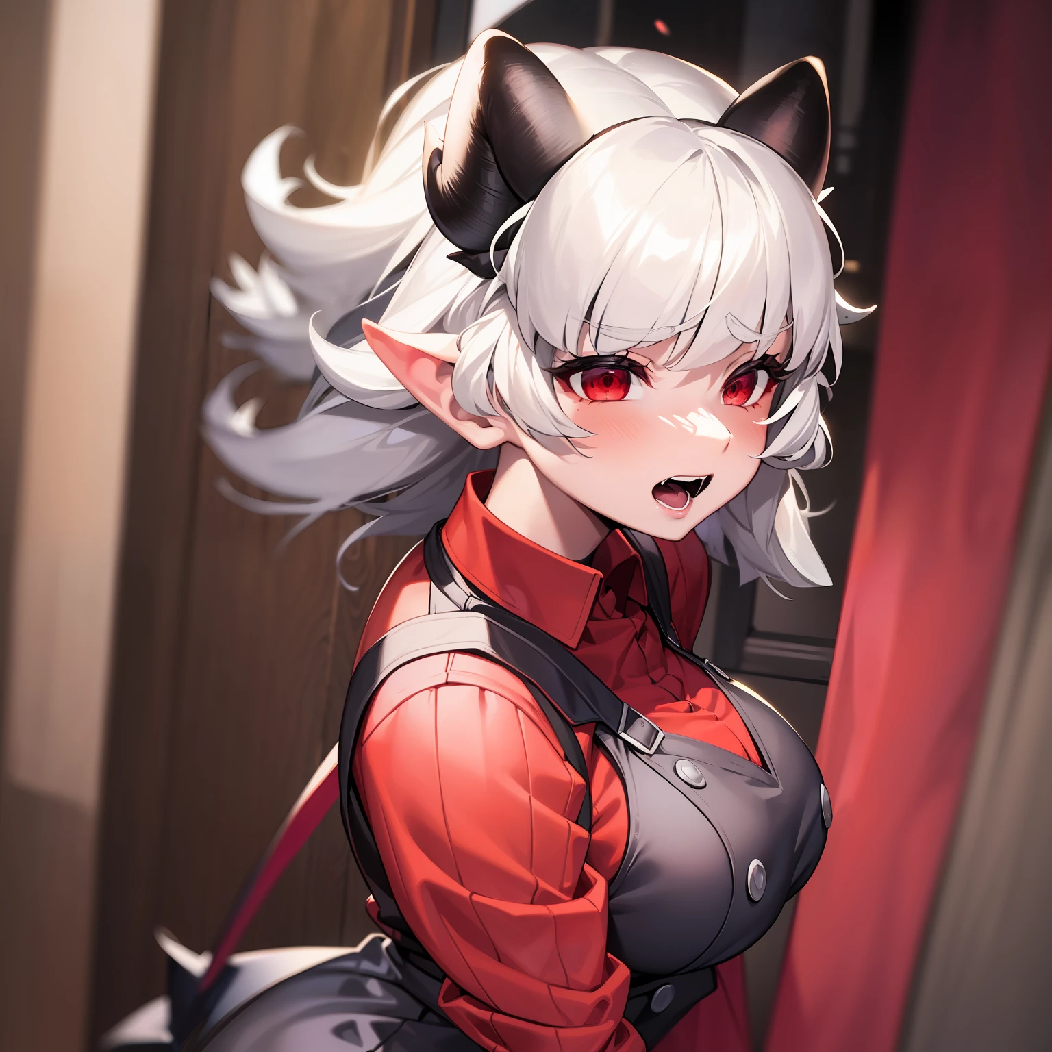 malina(helltaker), large breasts, black horns, white hair, short hair, blush, demon horns, demon girl, solo, 1girl, red eyes, looking back , from behind , huge ass , ass focus , black skirt , red shirt , black vest,