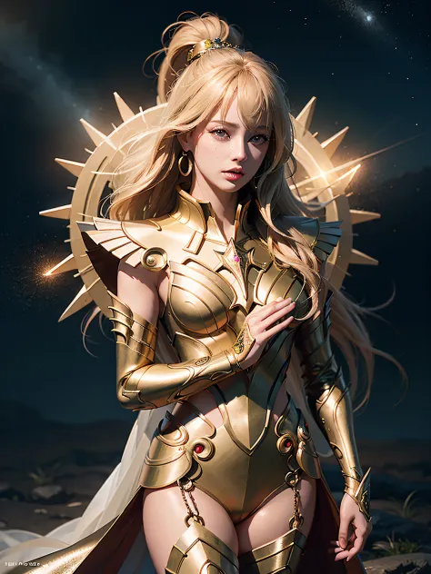 (((1girl))) a hyper realistic ultra detailed photograph of a beautiful girl photorealistic shaka at agreek ruins background, tattered virgo gold half armor, long blond hair, blue eyes, dynamic pose, detailed symmetric beautiful hazel eyes, detailed gorgeou...