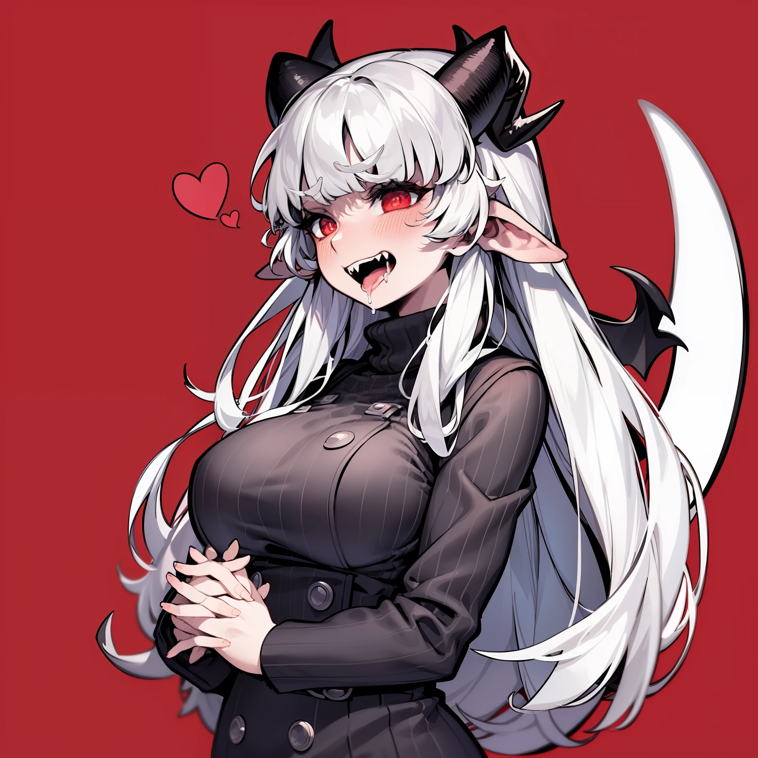 modeus(helltaker), drooling, formal, black horns, large breasts, open mouth, simple background, red eyes, long sleeves, symbol-shaped pupils, upper body, solo, sweater, white hair, black suit, ribbed sweater, blush, turtleneck, 1girl, heart, jacket, demon horns, horns, heart-shaped pupils, red sweater, red background, looking at viewer, own hands together, suit, demon girl