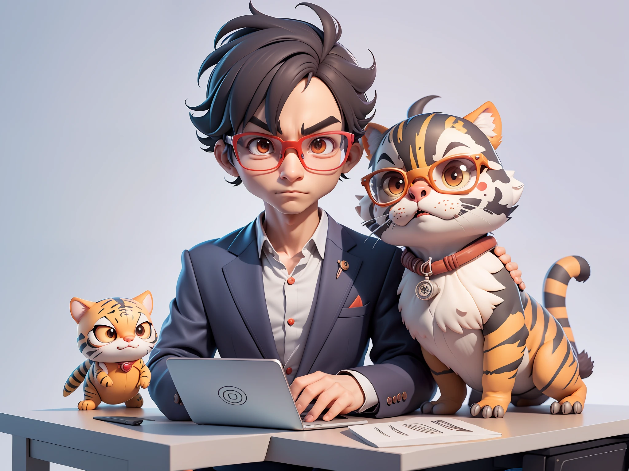 Ein junger Mann im Anzug, Kurze Haare und Brille saßen an seinem Schreibtisch，Laptop halten，digitale Malerei，Tiger，3D-Charakterdesign von Mark Clairen und Pixar sowie Hayao Miyazaki und Akira Toriyama，4K HD-Abbildung，Sehr detaillierte Gesichtszüge und Bilder im Cartoon-Stil。