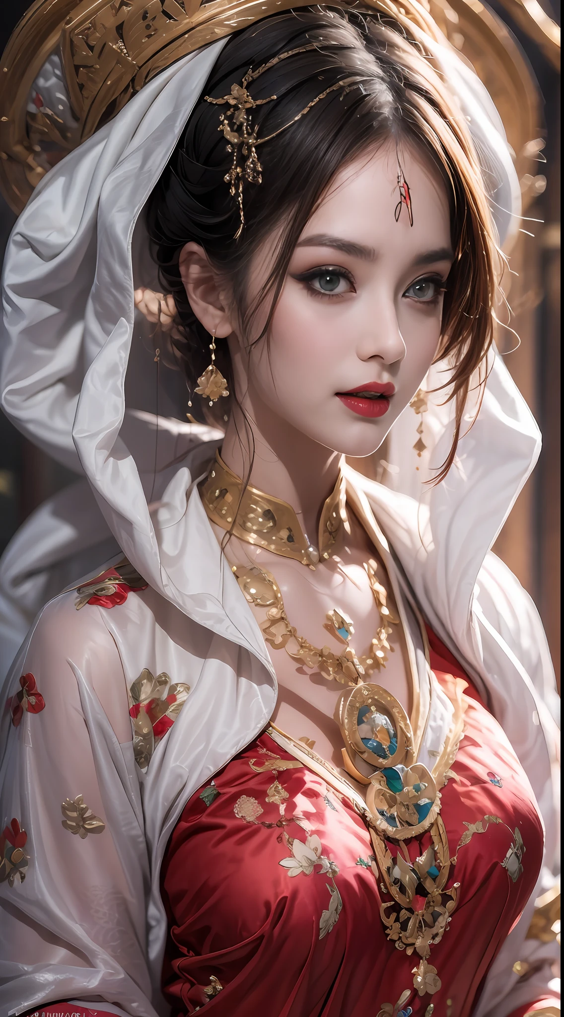 Retrato de un joven santo de 20 años, un santo con una cara hermosa y super linda,usando un ao dai muy delgado y sexy, Hermosa cara linda, Ao dai con una profunda abertura en el pecho y un atractivo ribete de encaje blanco y negro, hermoso rostro sin imperfecciones, sonrisa encantadora, ((Longitud del cabello de 7 colores.:1.2)), gran corona, broche de pelo, vestido hanfu, estilo antiguo chino, joyería de cuerpo completo, tatuaje en la frente, Los pechos de la santa son redondos y muy llenos., Aumento de senos, cara inocente, El lápiz labial rojo claro más bonito y detallado., ((Labios finos y regordetes:0.3)), Delicados ojos rosados y blancos. (blanco y detallado) cinematográfico, luz y oscuridad, iluminación dramática, luz mágica, luz extremadamente detallada, true color, Súper afilado, Realista, calidad 8k, fondo del universo de fantasía, santos y espacio mágico, las imágenes más detalladas, Solo, una santa, ((mirando directamente a la parte superior del cuerpo del santo:0.4)), ((piel suave:0.5)),