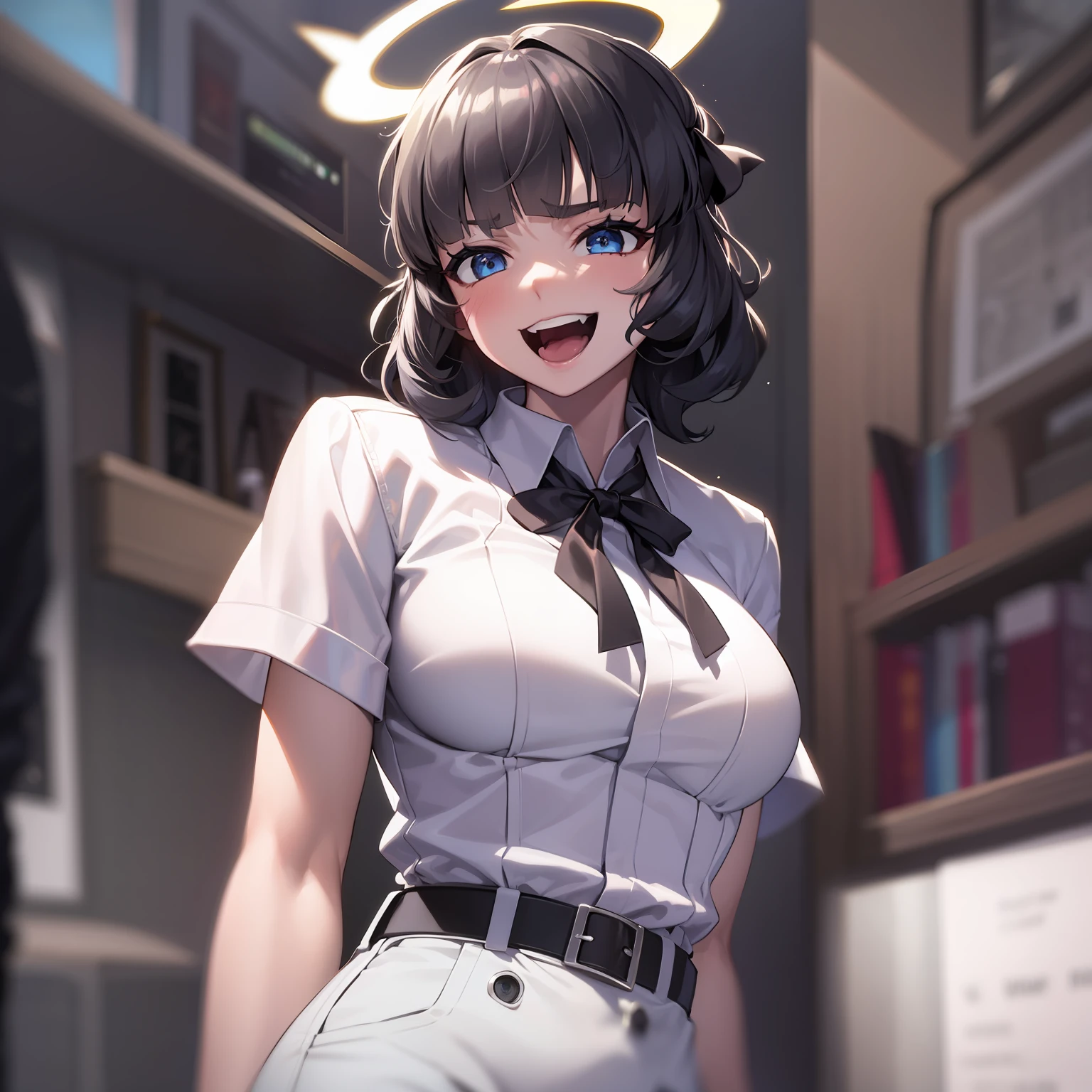 azazel(helltaker), white pants, 1girl, official style, open mouth, solo, ribbon, white shirt, angel, halo, blue eyes, white ribbon, white gloves, smile, cross, arm behind back, shirt, belt, collared shirt, black hair, short hair, blunt bangs, short sleeves, hair ribbon, looking at viewer, pants, gloves