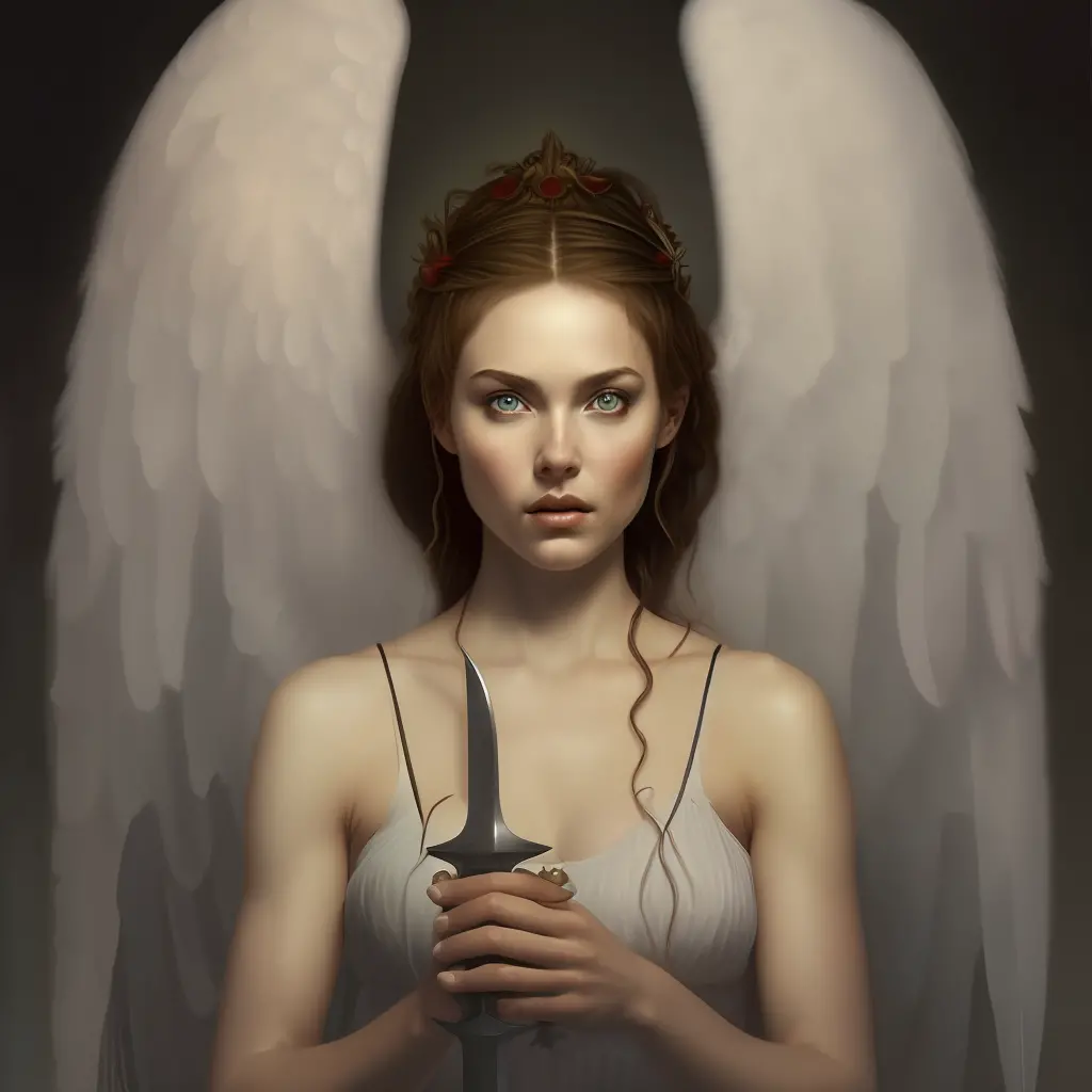 a hyper realistic portrait of a female heavenly angel, anatomy, bathed in light, holding a big sword, big angel wings, highly de...