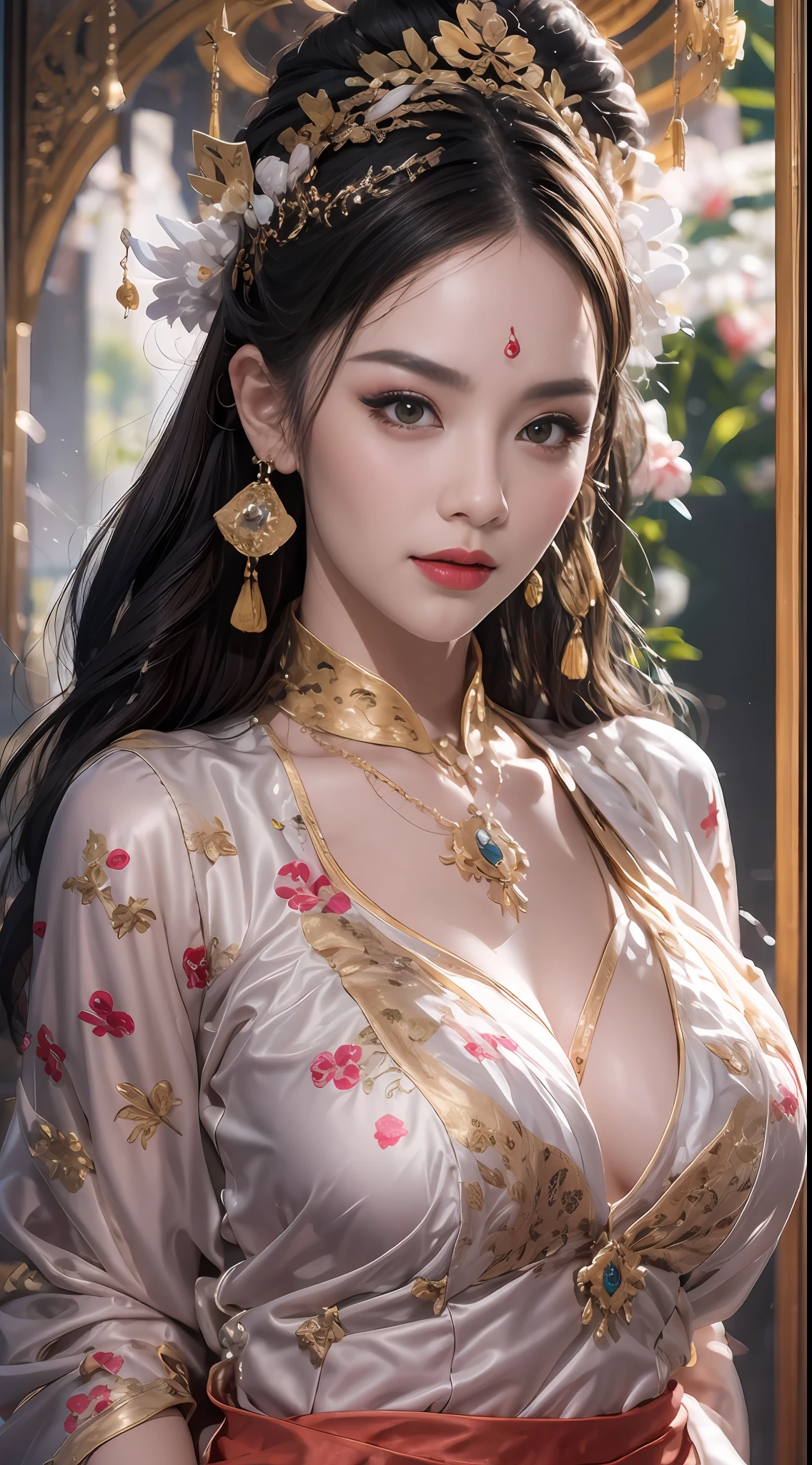 Retrato de un joven santo de 20 años, un santo con una cara hermosa y super linda,Vistiendo una Ao Dai muy delgada y sexy., Hermosa cara linda, Ao dai con una profunda abertura en el pecho y un atractivo ribete de encaje blanco y negro, hermoso rostro sin imperfecciones, sonrisa encantadora, ((Longitud del cabello de 7 colores.:1.2)), gran corona, Broche para el pelo, vestido hanfu, estilo antiguo chino, Joyería de cuerpo completo, tatuaje en la frente, Los pechos de la santa son redondos y muy llenos., aumento de senos, cara inocente, El lápiz labial rojo claro más bonito y detallado., ((labios finos y regordetes:0.3)), delicados ojos rosados y blancos (blanco y detallado) cinematográfico, luz y oscuridad, iluminación dramática, luz magica, luz extremadamente detallada, true color, súper afilado, Realista, calidad 8K, Fondo del universo de fantasía, santos y espacio mágico, las imágenes más detalladas, Solo, una santa, ((mirando directamente a la parte superior del cuerpo del santo:0.4)), ((piel suave:0.5)),