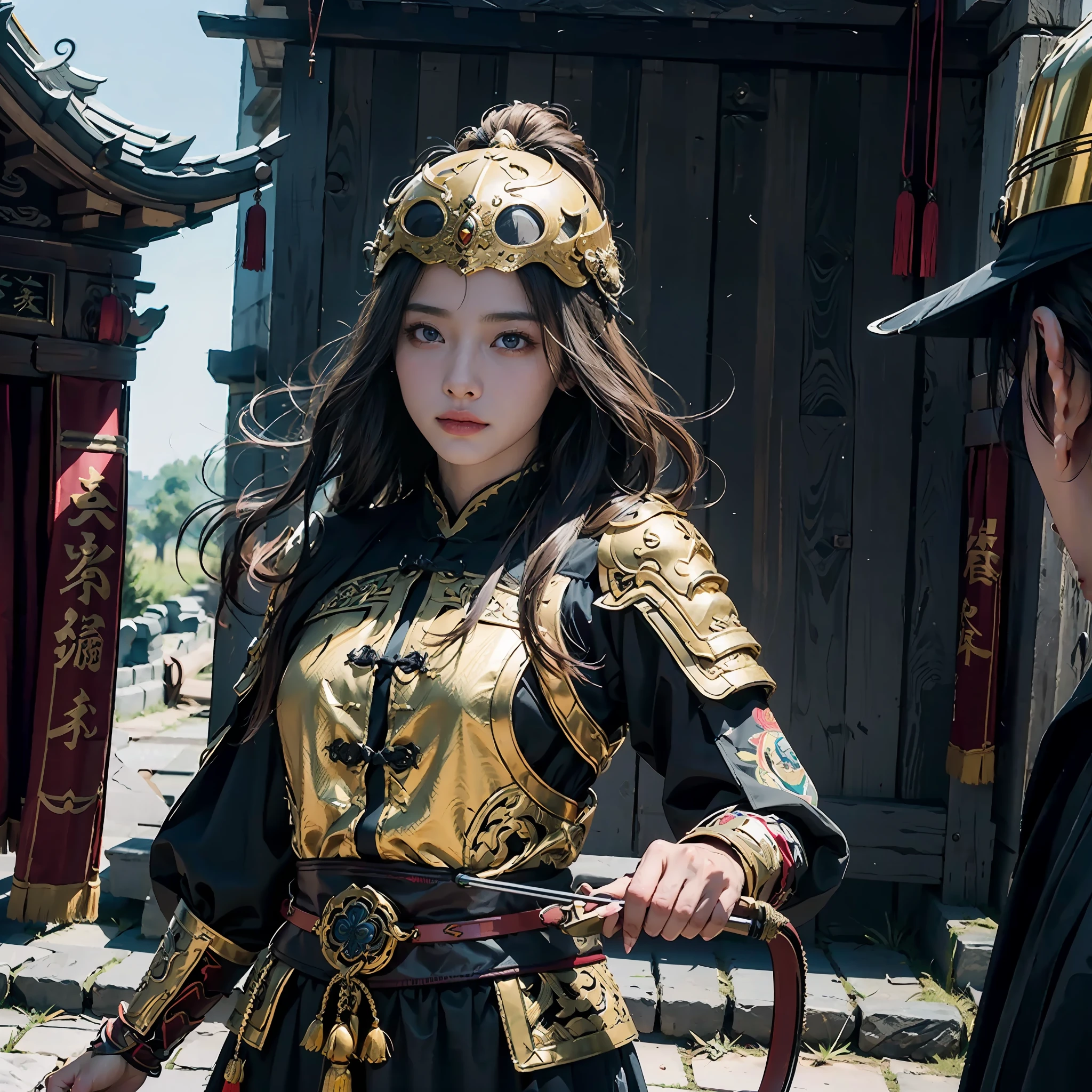 in a panoramic view，photorealestic，Ancient wind，Blue sky,，the great wall，3girl，Wear black Chinese clothing，Dressed in gorgeous golden Chinese armor，Wearing a golden helmet，Black mask，holding sabre，Carry a crossbow，Stand in front of the Great Wall，Sharp eyes，professinal，Meistwick，commissioned，best qualtiy，color corrected，After fixation，Retouching，Improvement，Epic，Tone-mapping，the detail， highly  detailed， digitial painting， art  stations， Conceptual map of the long dam， Smoothness， Sharp focus， Beautiful illustration， photore， The light from the back window is backlighted， 动态照明， Mist， 复杂， cinematic grain， professinal， face to the viewer，（Beautiful m3d_woman， Perfect M3D_face,）， Volumetriclighting， subsurfacescattering， Good highlights， Good shadows， cinematic ligh