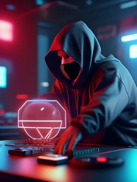 NeonNinja style，Close-up of a man in a blue hood，There is a big ball in the middle of the room，A close-up of an electronic device on a table
