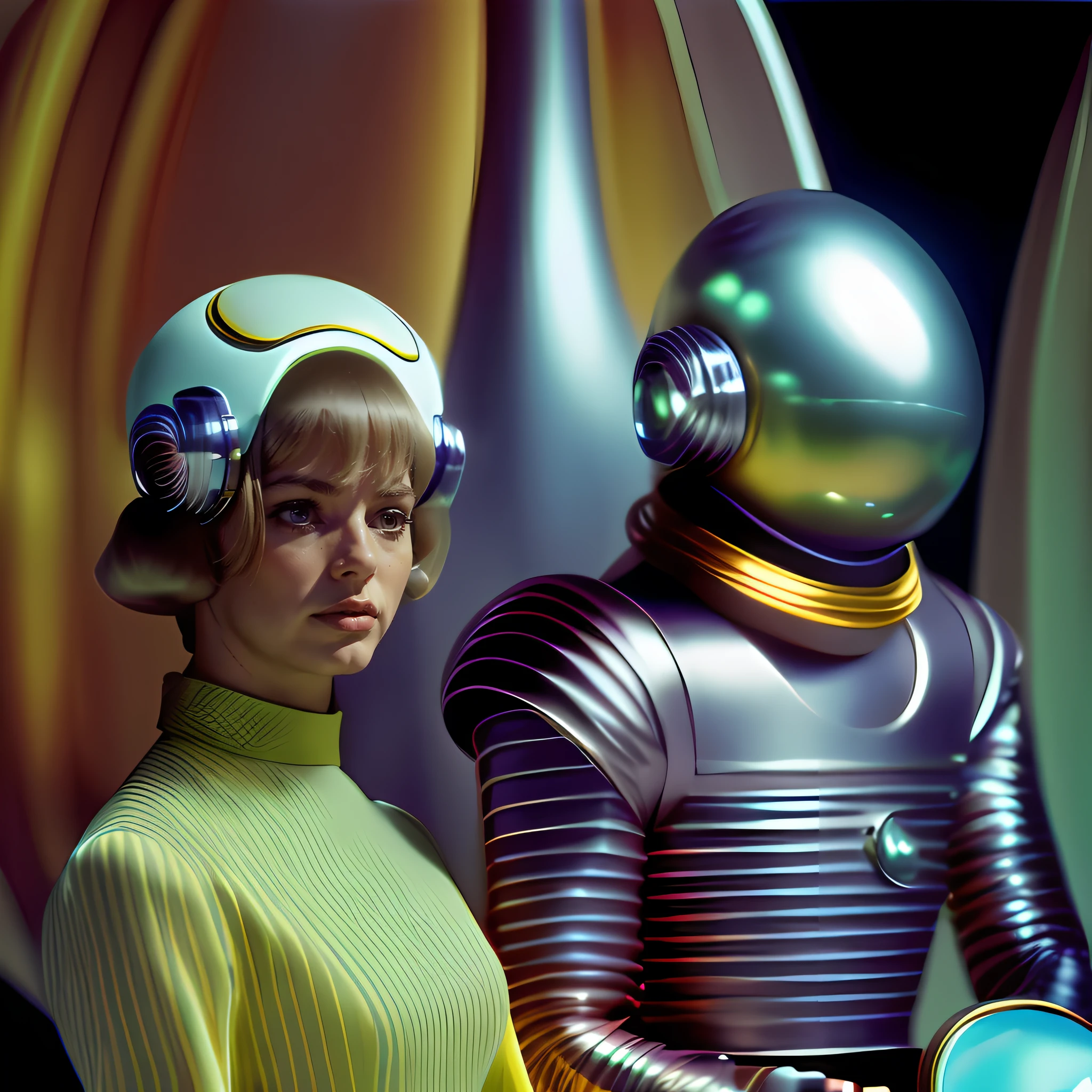 4k-Bild aus einem Science-Fiction-Film von Wes Anderson aus den 1960er Jahren, Filme O Grande Hotel Budapeste, Pastellfarben, Junge Menschen tragen retrofuturistische Alien-Masken und halten bunte Koffer und Truhen im Bus in der Hand, Retro-futuristische Modekleidung aus den 60er Jahren mit alten Robotern, Natürliches Licht, Psychedelisch, seltsam futuristisch, retro-futuristisch, fotorealistisch, Scharfe Hintergrunddetails.