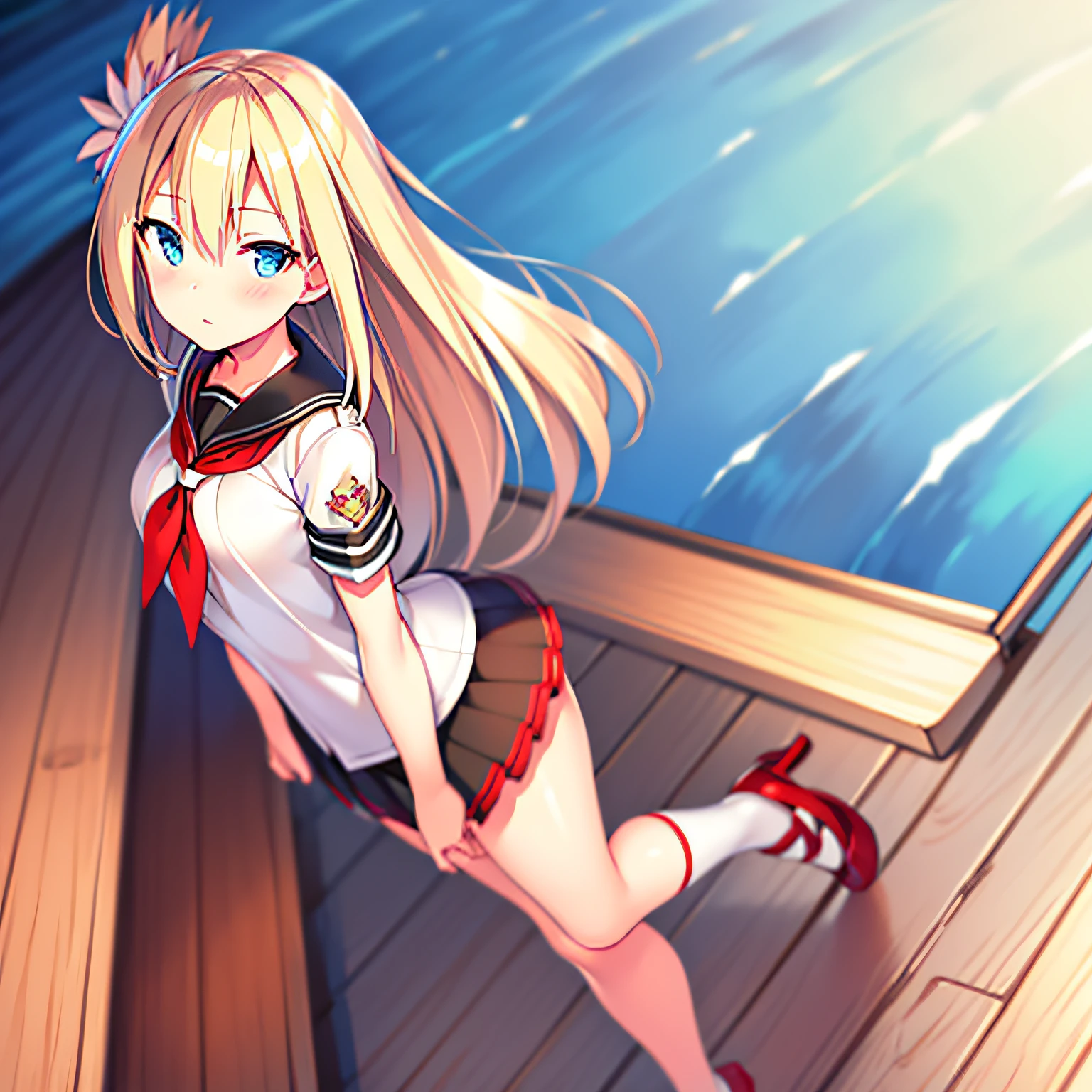 Saratoga (warship girls r),((Masterpiece)), (((Best quality))), ((Ultra-detailed)), ((illustration)), ((Disheveled hair)), ((frilld)), (1 girl), (Solo)，black sock, black thighhigns, Blonde hair, Blue eyes, Blue skirt, Blush, Clothing, Eyebrows visible through hair, Female, Footwear, full bodyesbian, High heels, legwear, Long hair, view the viewer, neckerchief, parted lip, red neckchief, Red necklace, shoes, Short sleeves, Skirt, upper legs, (Have by the sea),(sandbeach),