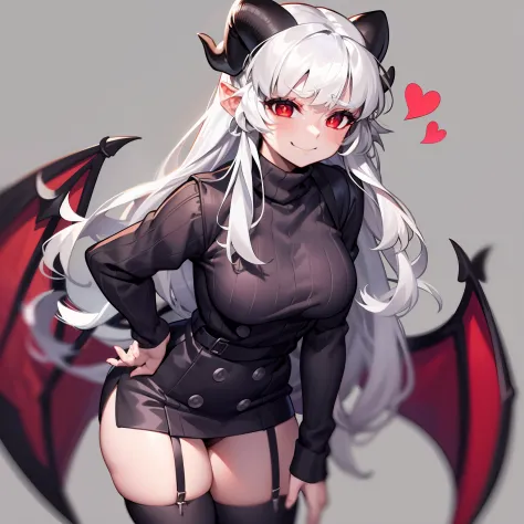 modeus(helltaker), black horns, large breasts, simple background, red eyes, long sleeves, closed mouth, symbol-shaped pupils, cl...