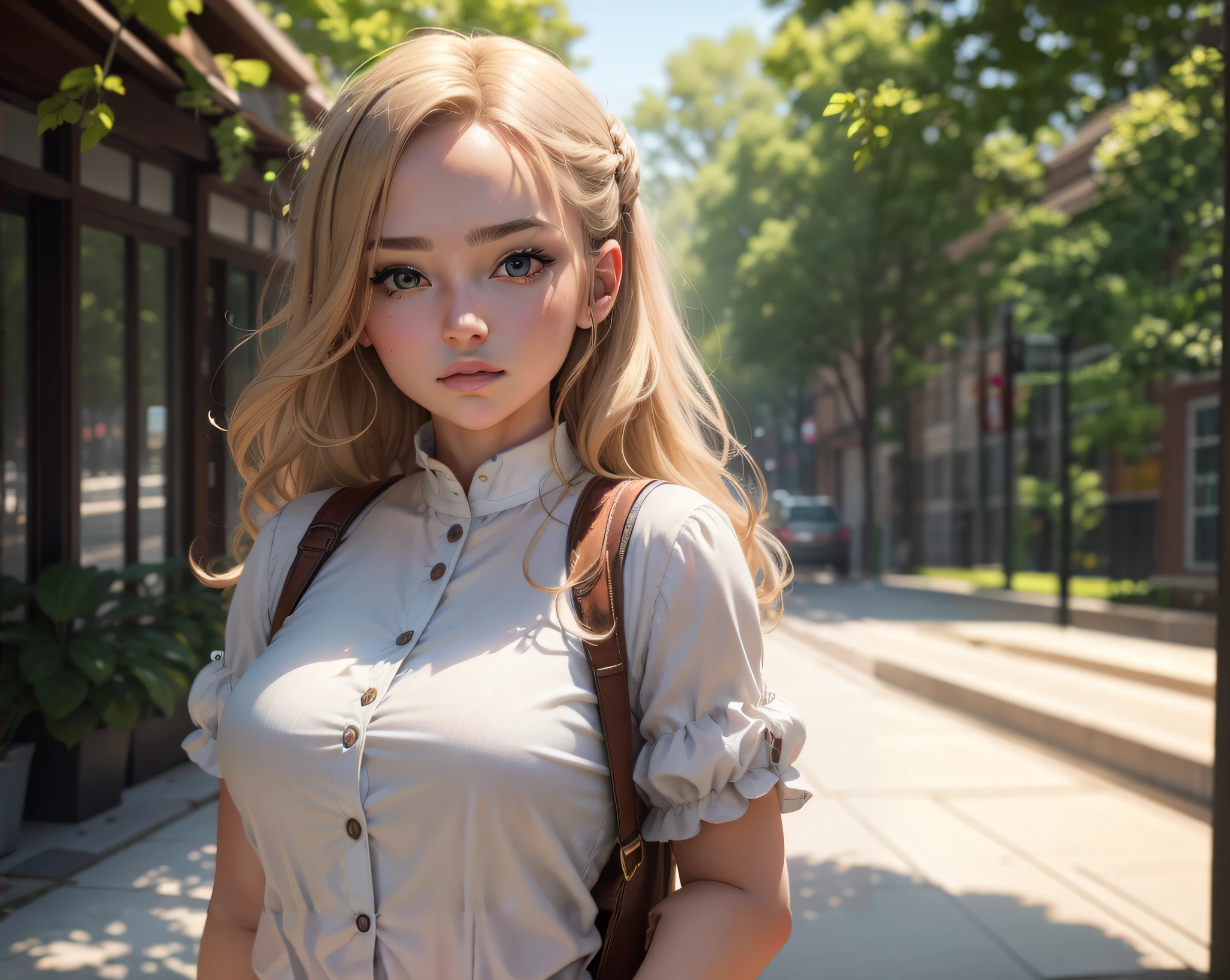 Blond haired woman with a backpack on a city street - SeaArt AI