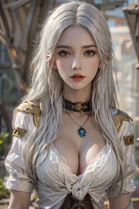 photorealistic, high resolution, 1 women, solo, hips up, look at viewer, (detailed face), white hair, long hair, medium breasts, the witcher clothes, yenifer clothes
