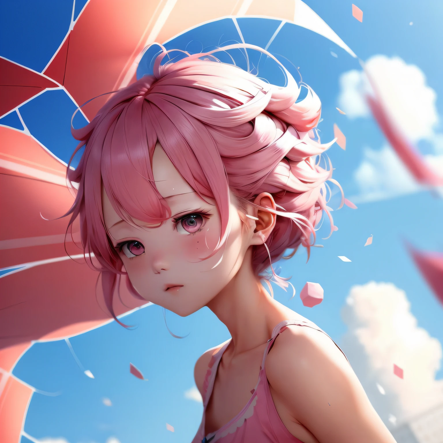 create art, blown by the wind, hair coral pink, eyers sky blue, doki doki sayori.