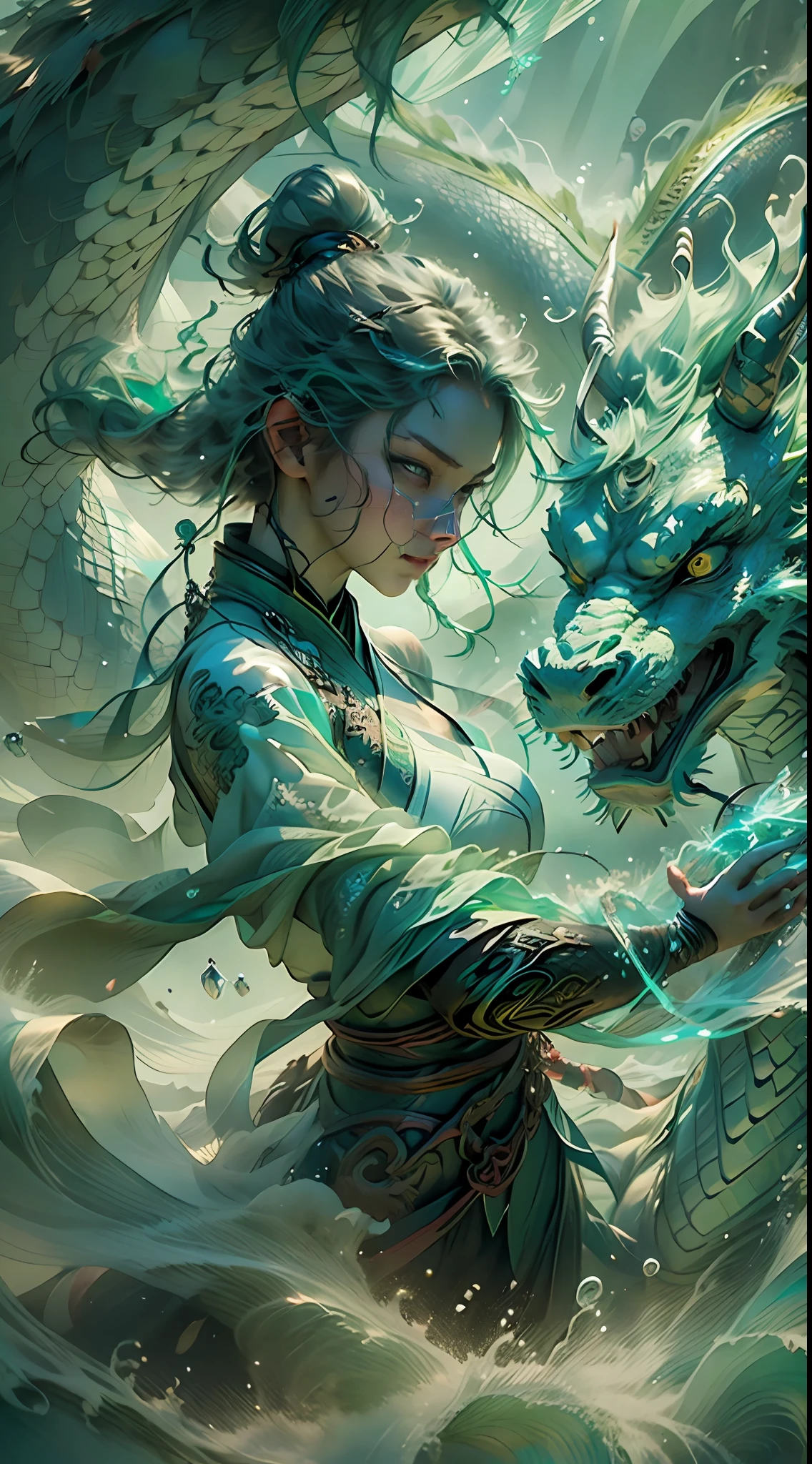 drak，chinesedragon，a Oriental Dragons，（Wind element），Tornado，salama，dynamic blur，Dragon Princess，Peerless beauty，Delicate Face Portrayal，Extra-long hair blown by the wind，loong background，（The light green dragon is behind the dragon girl），Beautiful dragon hair accessories，Light green transparent dragon wings，Long flowing light green hair，dragon claw，Absolutely beautiful，Light green fluorescent transparent tulle skirt，（（facial closeups）），Windswept clouds，Big wind，Water surrounds，Gorgeous highlights，Light green particle effect，Facial depiction in ultra-fine detail，Delicate fingers，crystals texture skin，Bigboobs，Wind surrounds，Close-up，dream magical，Both shoulders are hollowed，ssee-through，cleannesulti-cloud 8K resolution、depth of fieldacro lens
