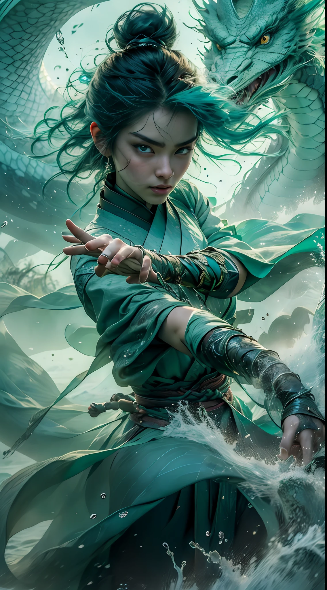 drak，chinesedragon，a Oriental Dragons，（Wind element），Tornado，salama，dynamic blur，Dragon Princess，a mature female，Peerless beauty，Delicate Face Portrayal，Extra-long hair blown by the wind，loong background，（The light green dragon is behind the dragon girl），Beautiful dragon hair accessories，Light green transparent dragon wings，Long flowing light green hair，dragon claw，Absolutely beautiful，Light green fluorescent transparent tulle skirt，（（facial closeups）），Windswept clouds，Big wind，Water surrounds，Gorgeous highlights，Light green particle effect，Facial depiction in ultra-fine detail，Delicate fingers，crystals texture skin，Bigboobs，Wind surrounds，Close-up，dream magical，Both shoulders are hollowed，ssee-through，cleannesulti-cloud 8K resolution、depth of fieldacro lens