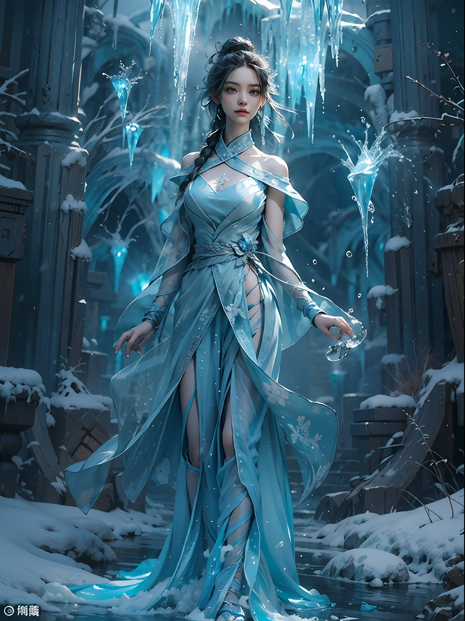 (((1girll)))，Imperial water，A magician，（Loose dress：1.5），（Perfect facial features：1.4），（Blue silk robe），（Mysterious magic formations：1.2），Blue glow，（Frost wings），Powerful ice magic，Icicles，Towering over the landscape，Blue light cold light，Ice storms，Wind，Flying snow ice and snow，Amazing results，,best qualityer,tmasterpiece,超高分辨率,finely detailled,Complicated details,8K分辨率,8KUCG wallpaper,hdr,water blue,Magic Array,Cinematic lighting effects,lightand shade contrast，Ray traching、NVIDIA RTX