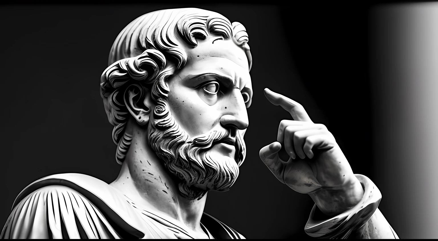 a portrait statue of the stoic Marcus Aurelius in black and white 4K,WITH HIS HAND ON HIS MOUTH MAKING A SILENT SIGN WITH HIS FINGER, super realistic photographic wallpaper 1920x1080