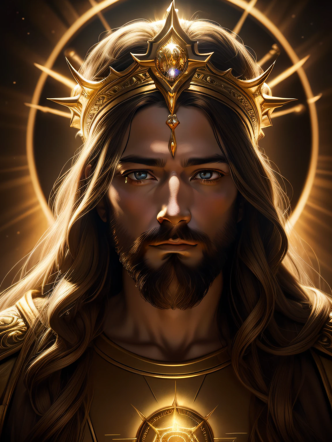 highly detailed portrait of a jesus christ sun god halo of light, gold, unreal engine, art by mark ryden, lostfish, earl norem, global illumination, god rays, detailed and intricate environment, elden ring style