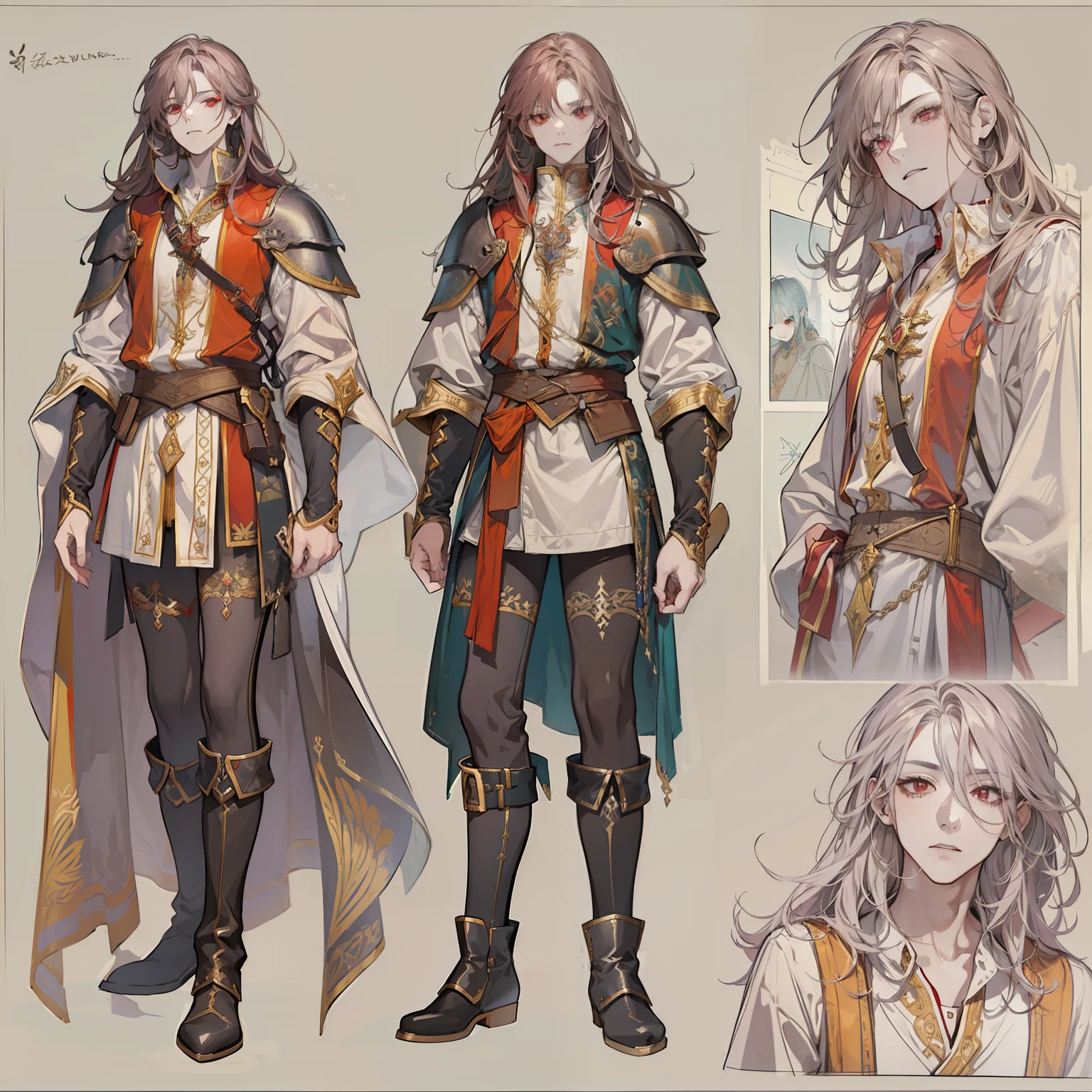 1 boy, solo, long hair, red eyes, shirt, high boots, Lightweight clothing, medieval theme, looking at viewer, fantasy art, beautiful painting, guwaika style, epic exquisite character art, stunning characters, man, lean (reference sheet:1.5)