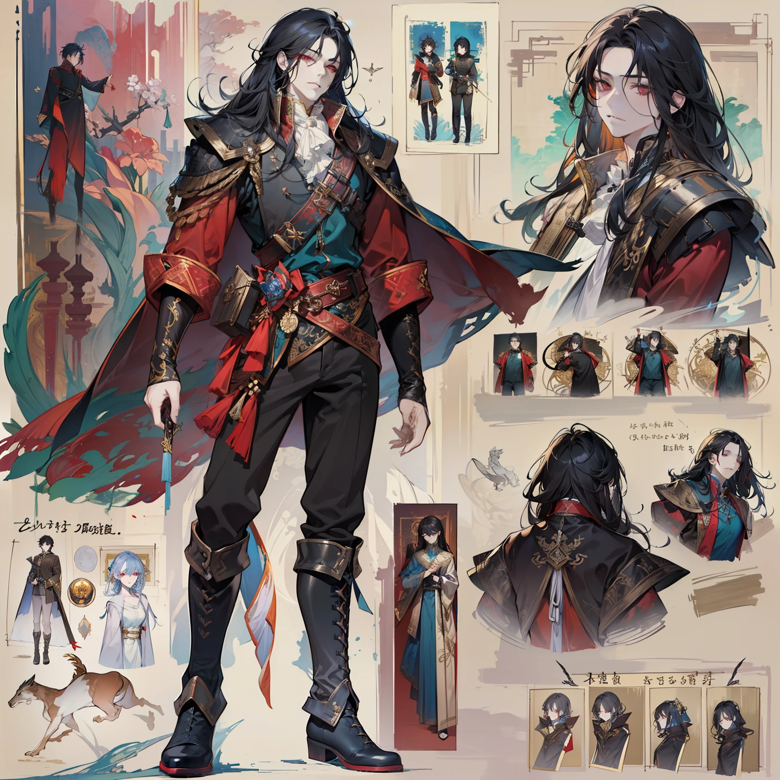 1 boy, solo, dark hair, black hair, long hair, red eyes, shirt, high boots, Lightweight clothing, medieval theme, looking at viewer, man, colorful magic wrap, HD, rich color, detail, light, masterpiece, masterpiece, fantasy art, beautiful painting, guwaika style, epic exquisite character art, stunning characters, strong man (reference sheet:1.5)