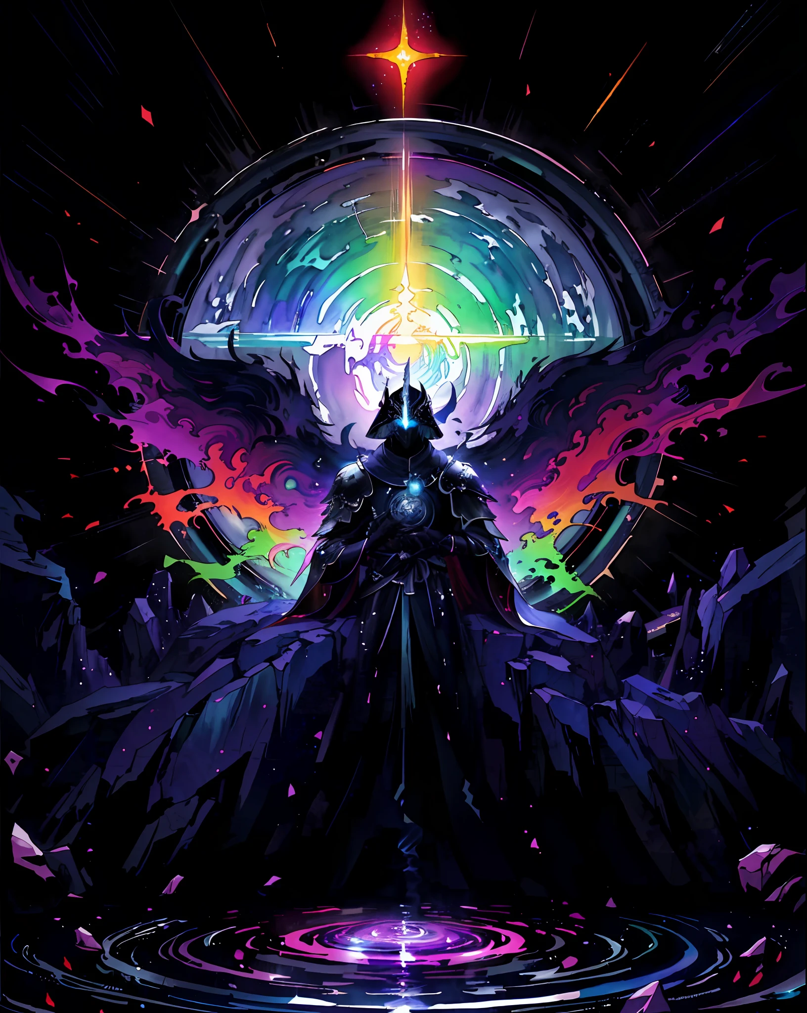 Manhwa Style，Masterpiece，Background dark black tones，8K，Knight's helmet，Colorful colors，Colorful picture，Set against the background of a circular magic array，runic，Pisif,rich details​，high detailed official artwork, Epic fantasy style, aquarelle，colorful concept art, painted in the style arcane,water ripple