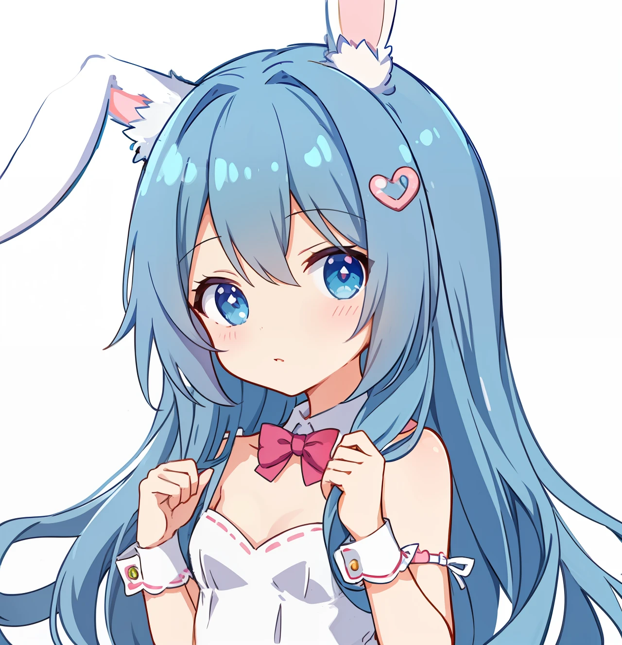 Draw a girl in a dress with a rabbit tail and rabbit ears, Cute anime dog girl, Bunny Girl, Anime Bunny Girl, Cute!! tchibi!!! Bunny Girl, Bunny Girl, thick lineart, nekomimi, Blue Rabbit, DDLC, small curvaceous , linear art, Simple lines of art, flat anime style shading, holding a pudica pose
