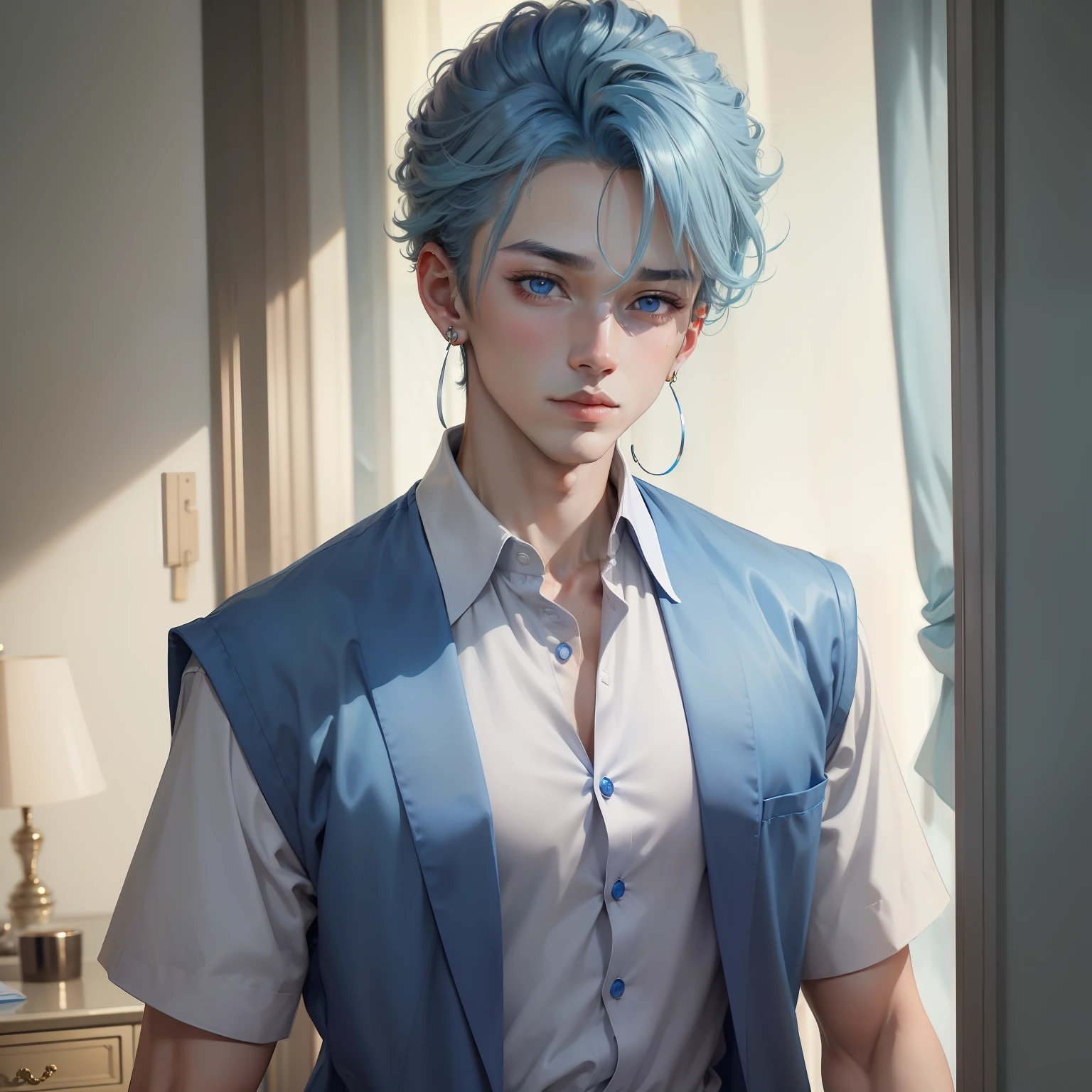 ((Masterpiece)), (Best quality), Ultra-detailed, A high resolution, super-fine, A high resolution, 8K wallpaper, 4K,lightblue hair，(((A boy 1.3)))，Blue earrings，a purple eye，Short sleeve shirt white，Being in the room，Half-body close-up，looks into camera