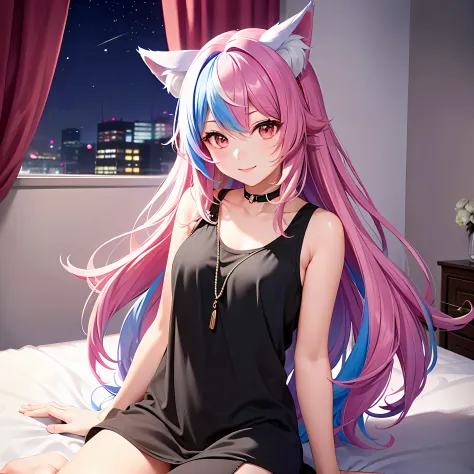 Close up, upper body, 1 girl, smile, wolf ears, wolf tail, pink eyes, hair between eyes, split color hair: 5, ((((Colorful hair color: 1)))), ((((Random hair color: 1)))), Colorful hairstyle: 5, Striped hair, Long hair, hair end jewels, (Cute random charac...