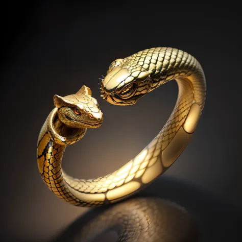 (CG),(masterpiece), (best quality), (ultra-detailed), 
no humans, simple background, black background, grey background, depth of field, gradient background,
(ring), gold, intricate detail, (snake body),
