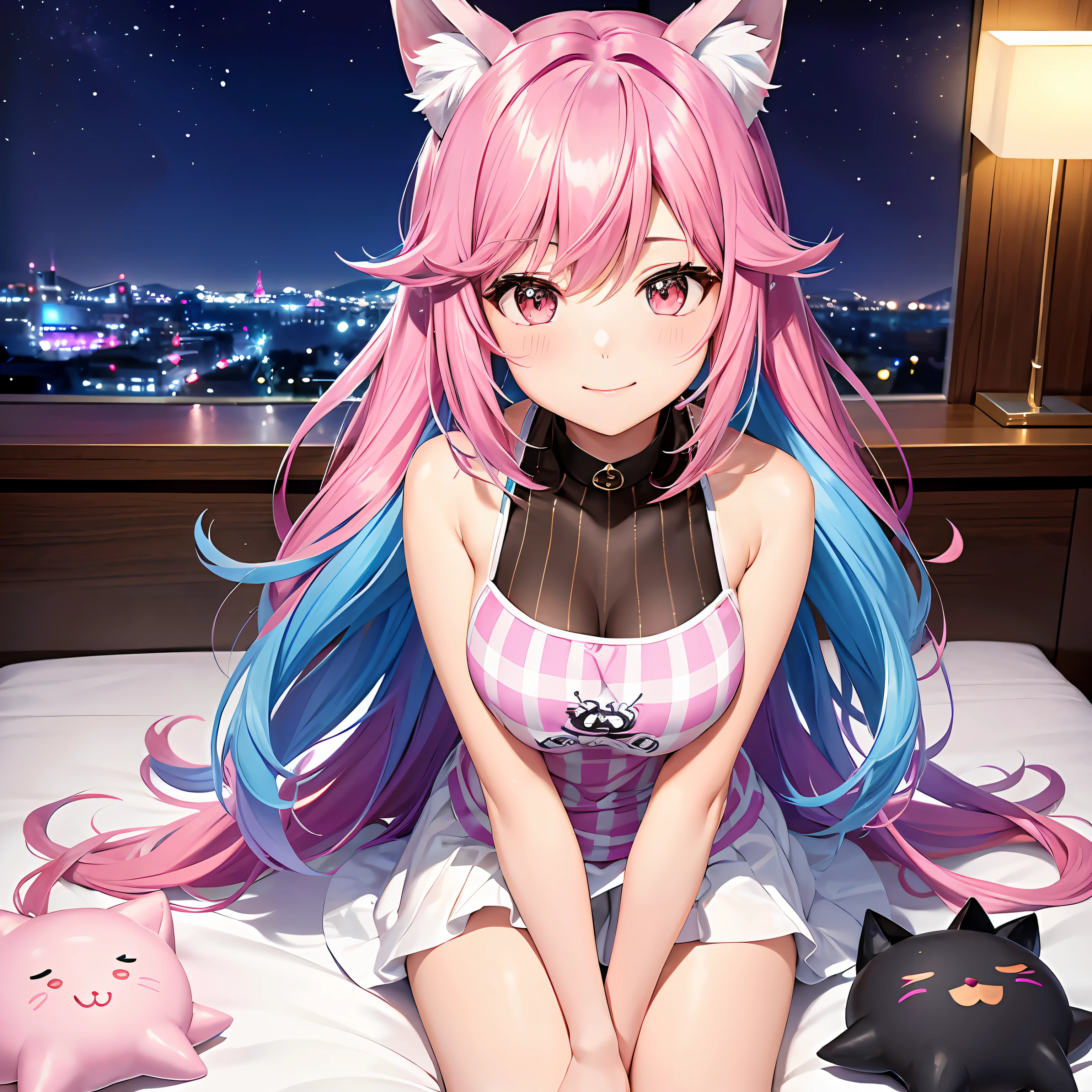 Close up, upper body, 1 girl, smile, wolf ears, wolf tail, pink eyes, hair between eyes, split color hair: 5, ((((Colorful hair color: 1)))), ((((Random hair color: 1)))), Colorful hairstyle: 5, Striped hair, Long hair, hair end jewels, (Cute random character tank top: 5 to 5 random panty figures: 15), JewelryAI super luxurious bedroom and cute interior: 5, (on the bed: 15), sit in, embarrassingly look at the viewer and laugh, blush, night landscape,