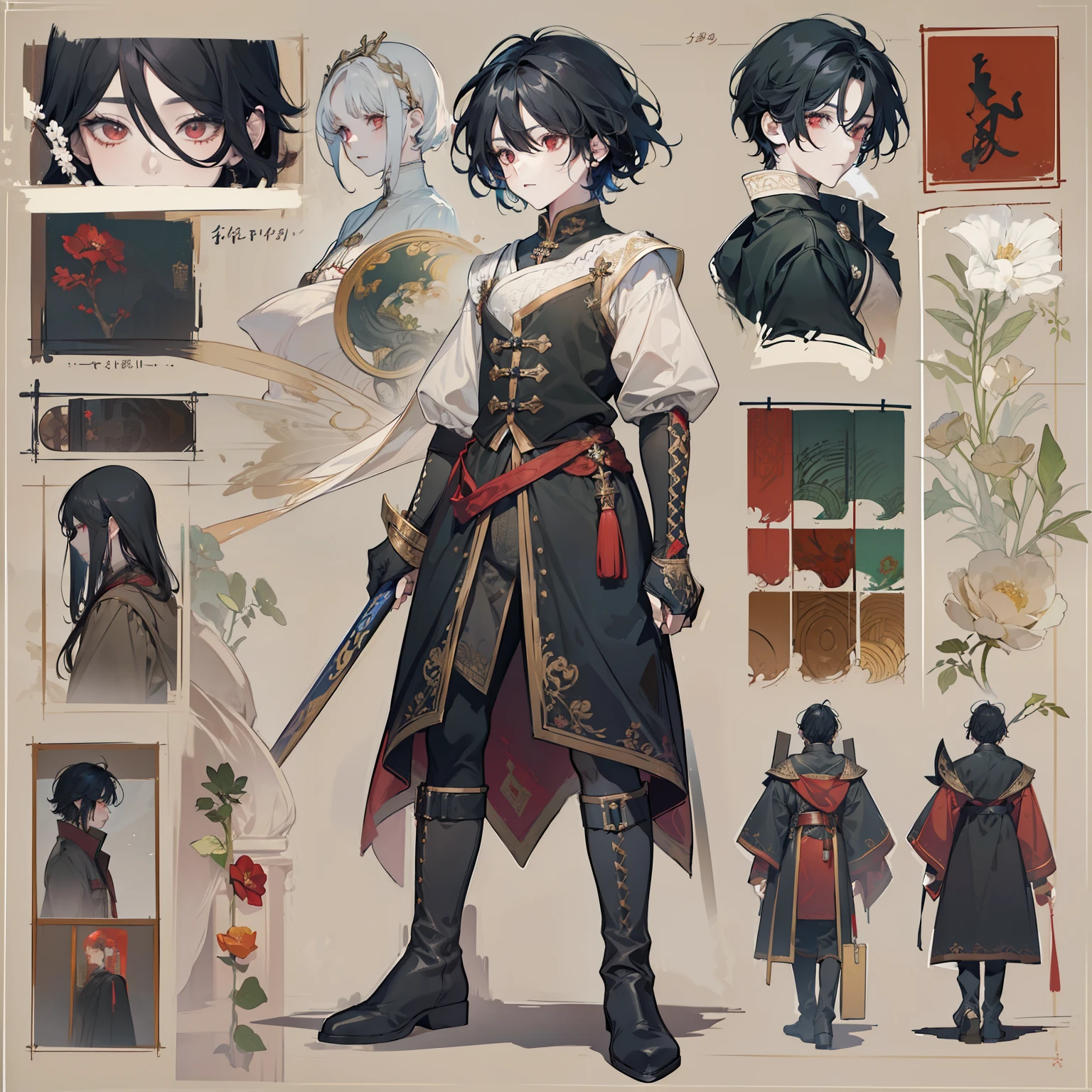 1 boy, solo, black hair, square, Bob hairstyle, bean, shoulder-length hair, red eyes, shirt, high boots, Lightweight clothing, medieval theme, looking at viewer, fantasy art, beautiful painting, guwaika style, epic exquisite character art, stunning characters, man, lean (reference sheet:1.5)