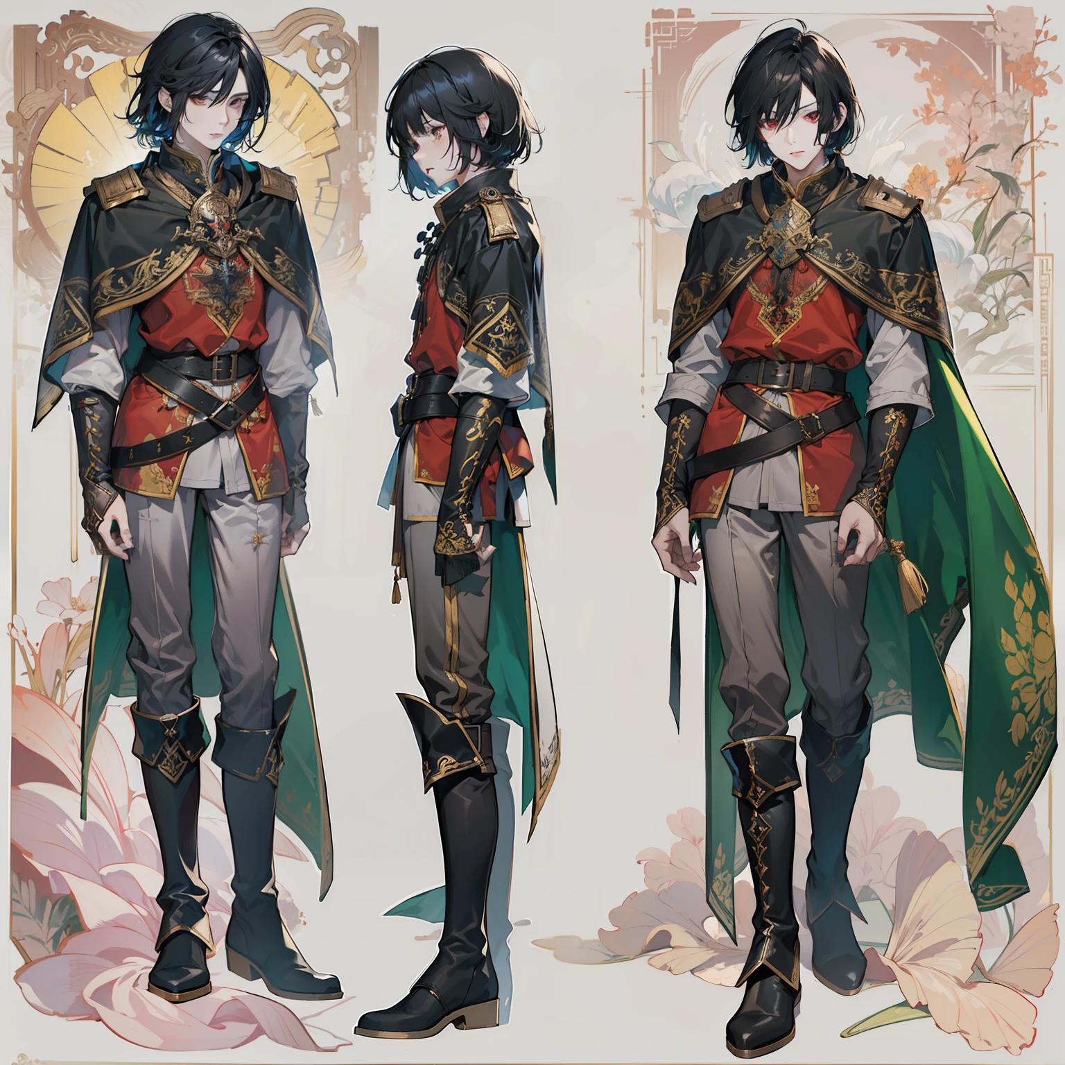 1 boy, solo, black hair, square, Bob hairstyle, bean, shoulder-length hair, red eyes, shirt, high boots, Lightweight clothing, medieval theme, looking at viewer, fantasy art, beautiful painting, guwaika style, epic exquisite character art, stunning characters, man, lean (reference sheet:1.5)