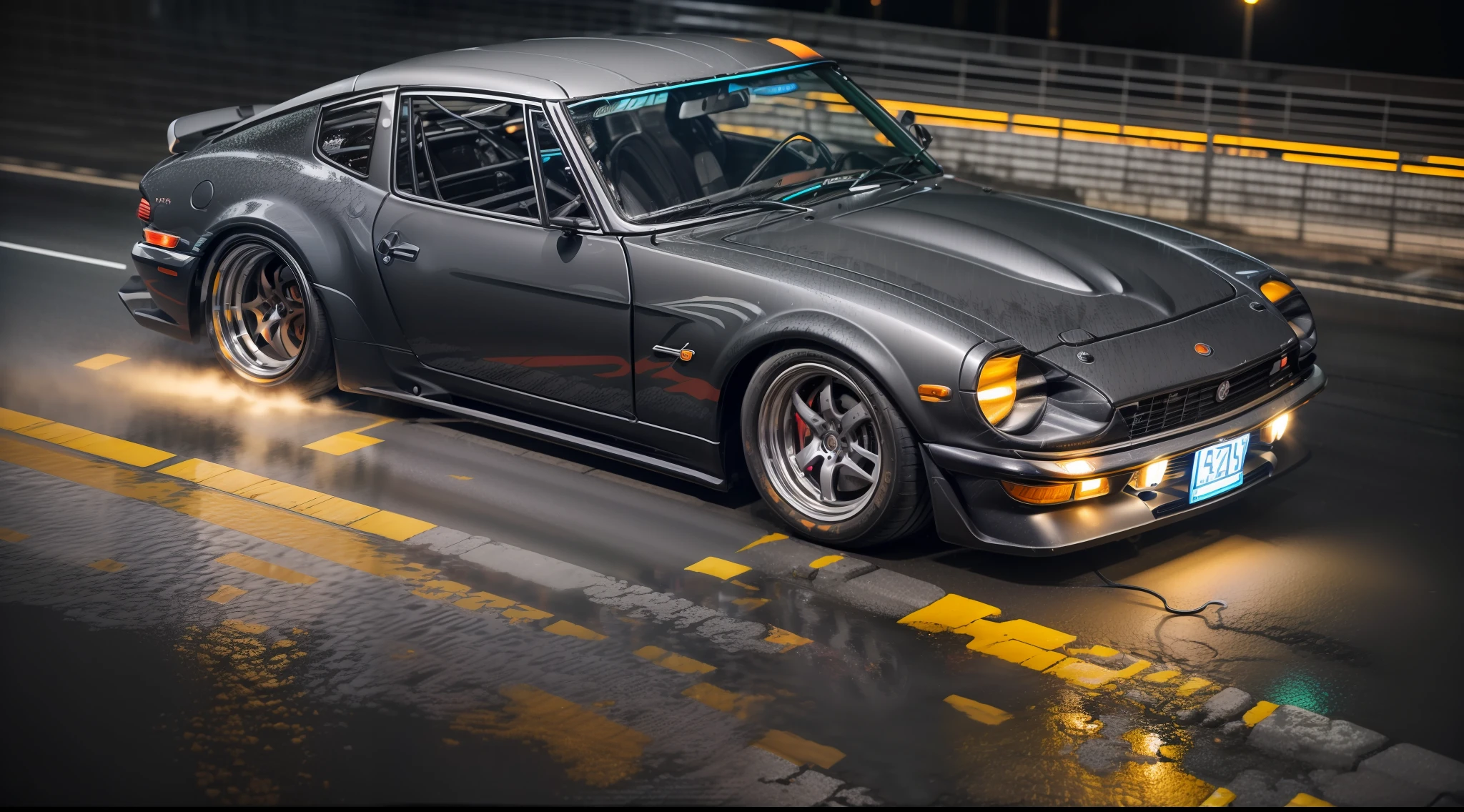 A (Nardo Grey coloured) wide-bodied 240Z with stretched hoonigan tires over Super Star Welle HDISK Wheel, driving through Japan at night, lit neons, smog, rain, reflections, 200mm 2.8, dramatic, cinematic light, soft light, backlit, micro-details, photorealism, photorealistic, dark, close up